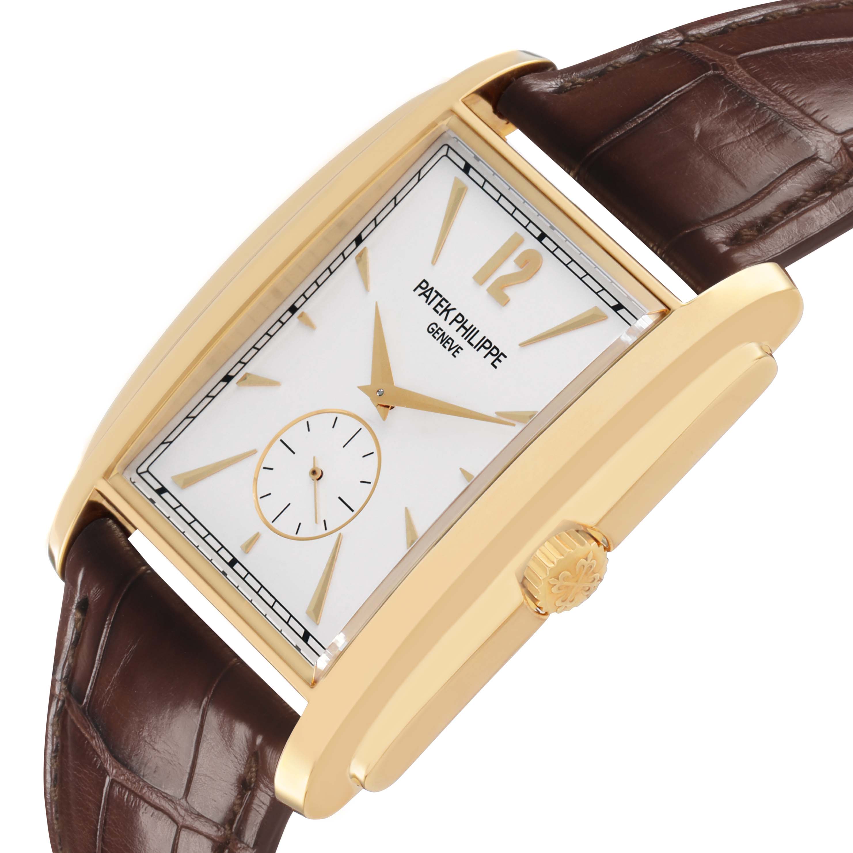 The Patek Philippe Gondolo 5124J-001 Men's Yellow Gold Silver Dial watch is shown from a side angle highlighting the gold case, crown, and brown leather strap.