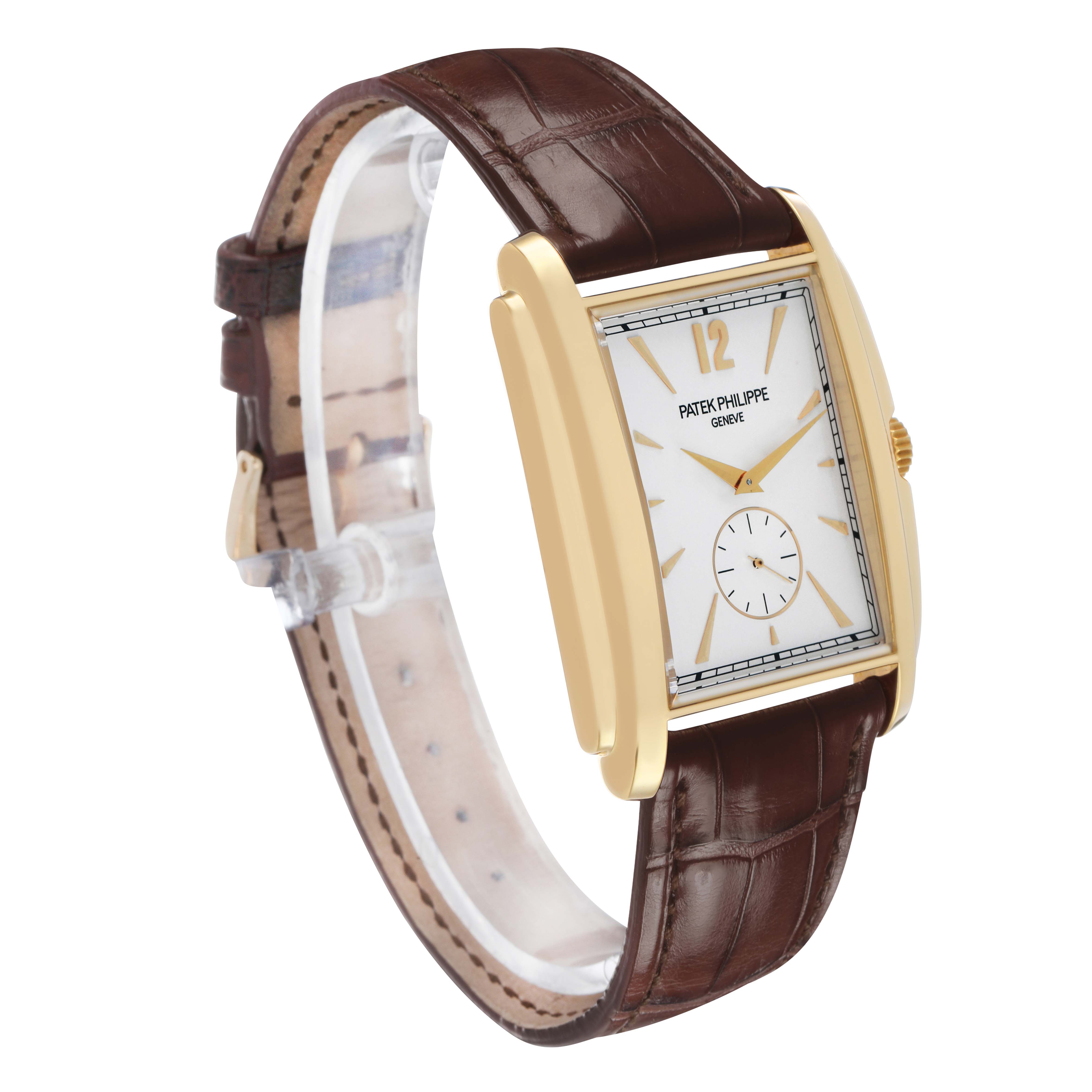 The Patek Philippe Gondolo 5124J-001 Men's Yellow Gold Silver Dial watch is shown at a three-quarter angle, highlighting its dial, gold case, and brown leather strap.