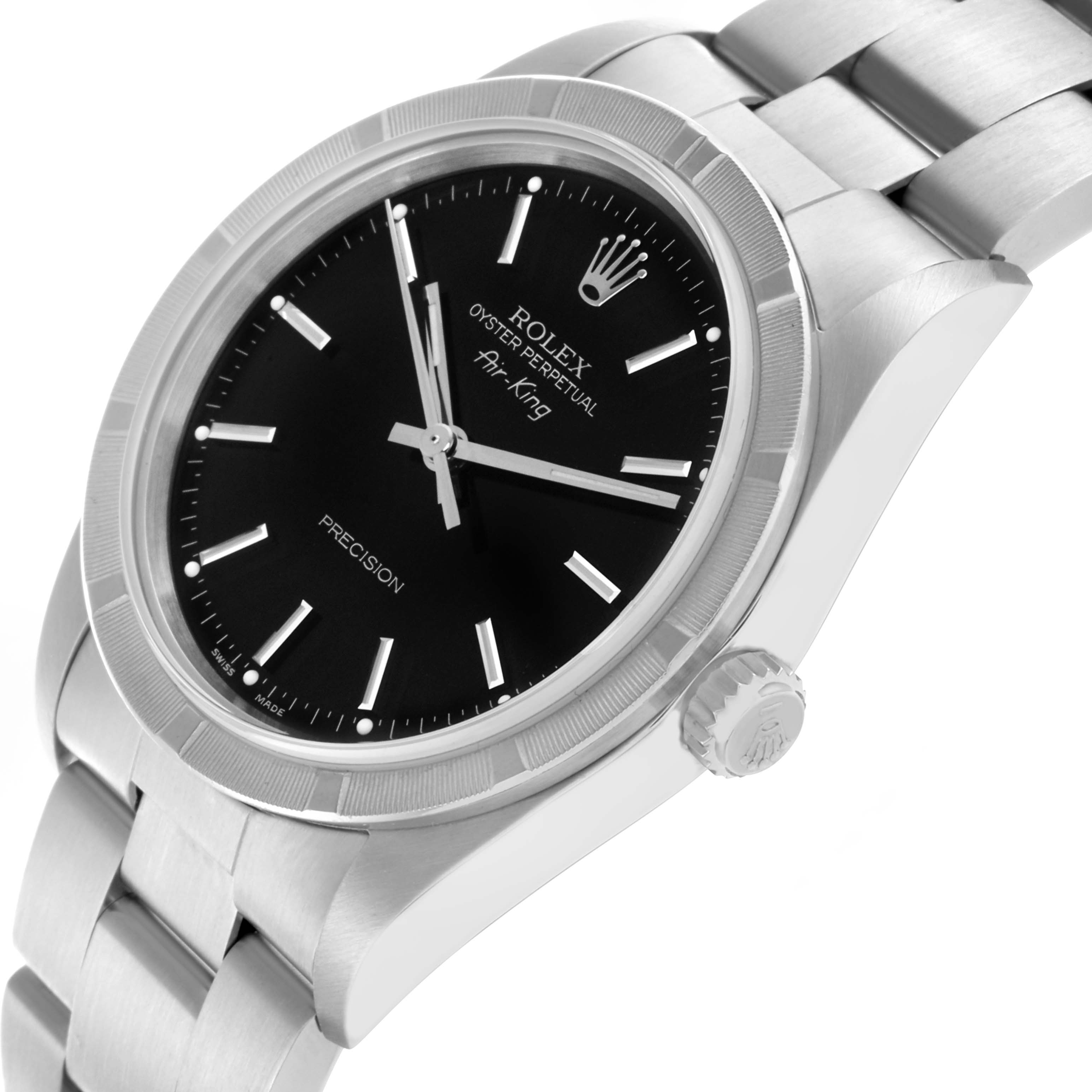 The Rolex Datejust is shown at an angled view, highlighting the dial, bezel, crown, and part of the bracelet.
