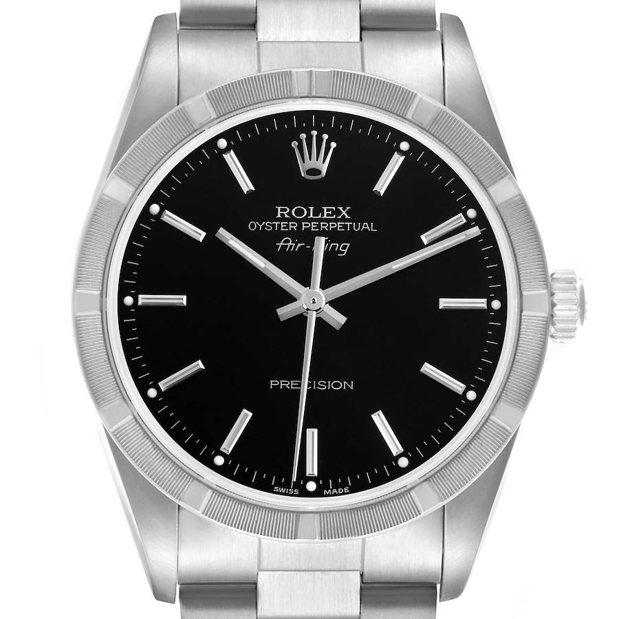 This Rolex watch is shown from the front, displaying the dial, bezel, crown, and part of the bracelet.