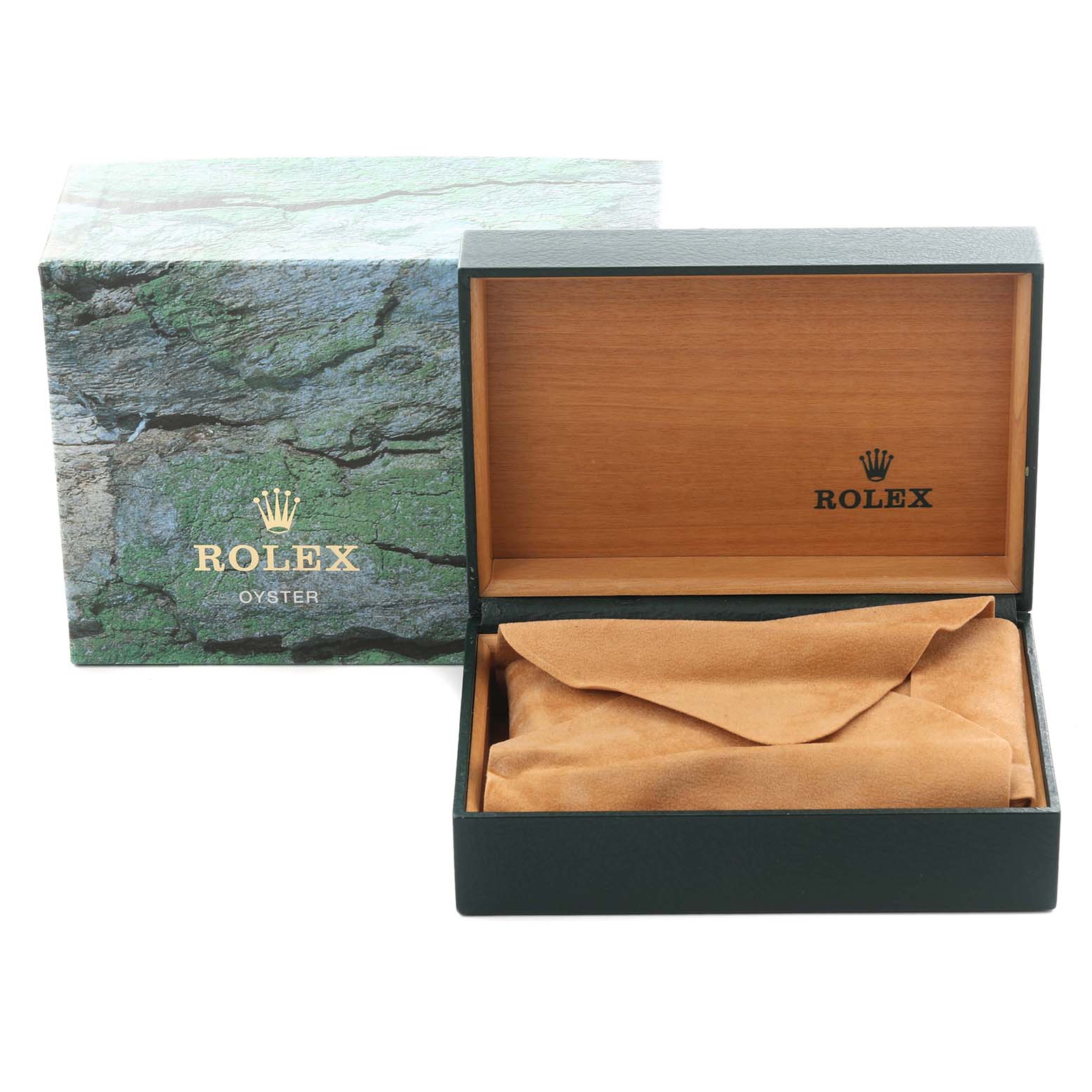 This image shows the Rolex Datejust packaging, including an open wooden watch box with a suede cover and an outer box.