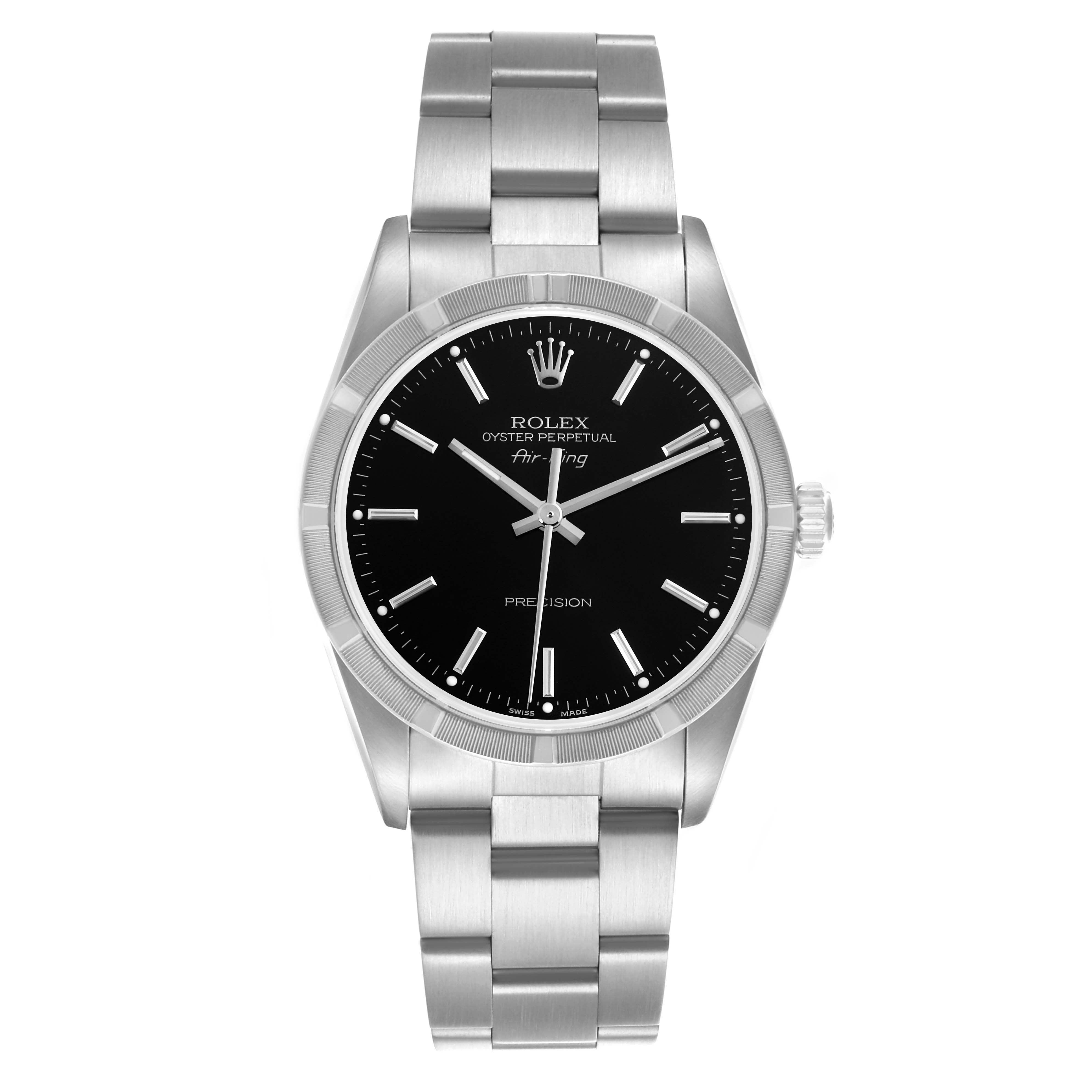 The Rolex Datejust watch is shown from a front view, displaying the dial, bezel, bracelet, and crown.