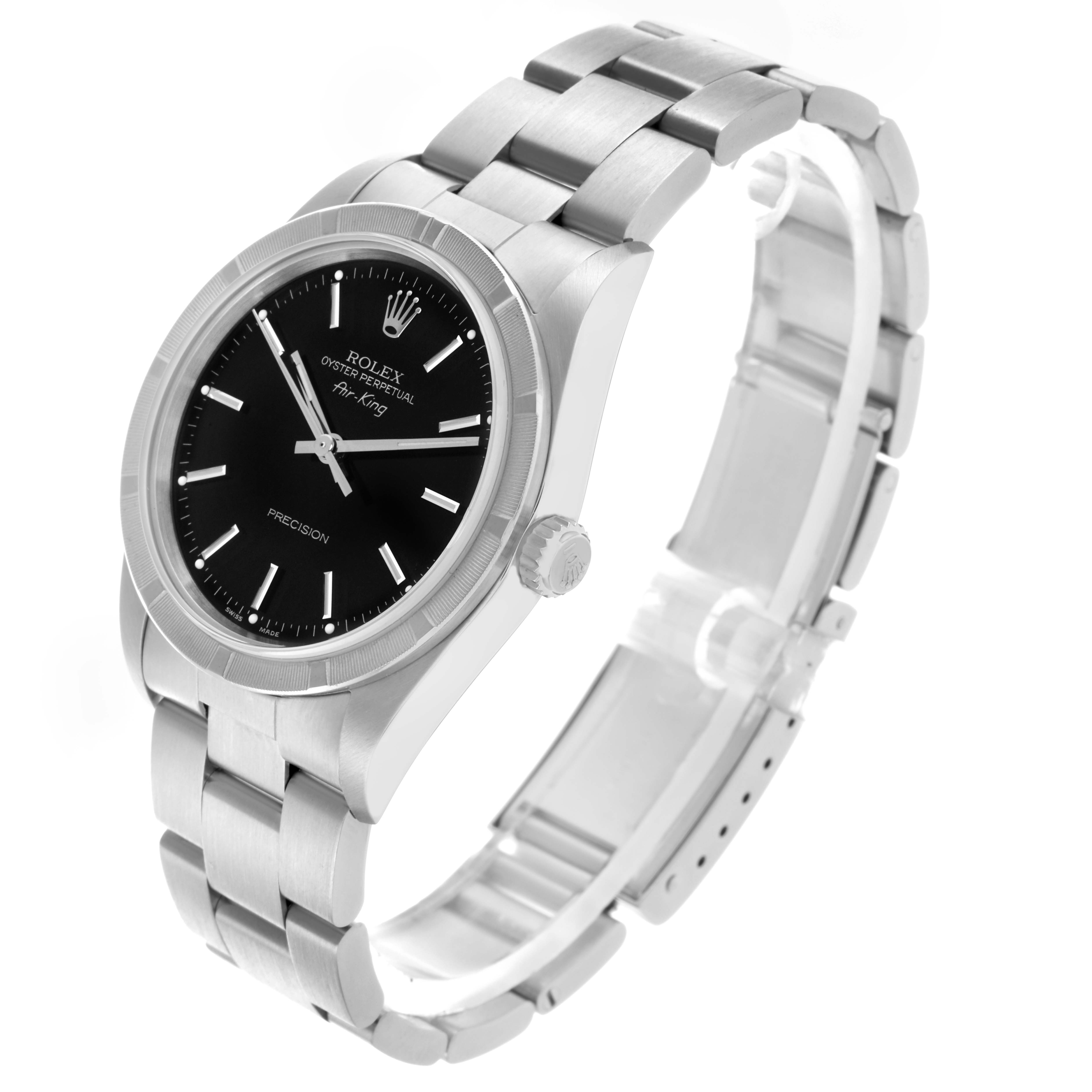 The watch, a Rolex Datejust, is shown at an angled side view, highlighting the face, bezel, crown, and bracelet.