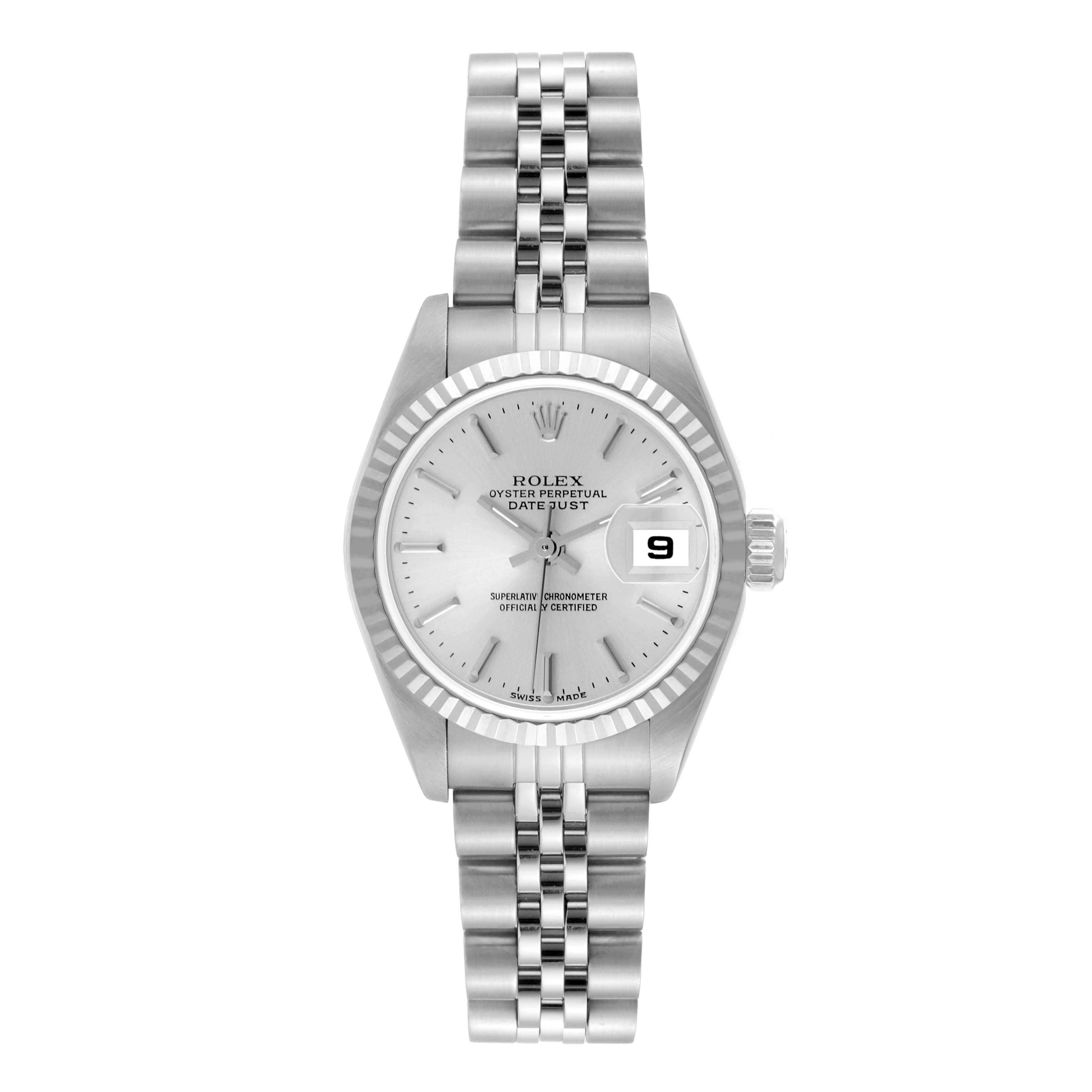 The image shows a front view of a Rolex Datejust 79174 Women's Stainless Steel Silver Dial 79174 Women's Stainless Steel Silver Dial watch, featuring its dial, bracelet, and date window.