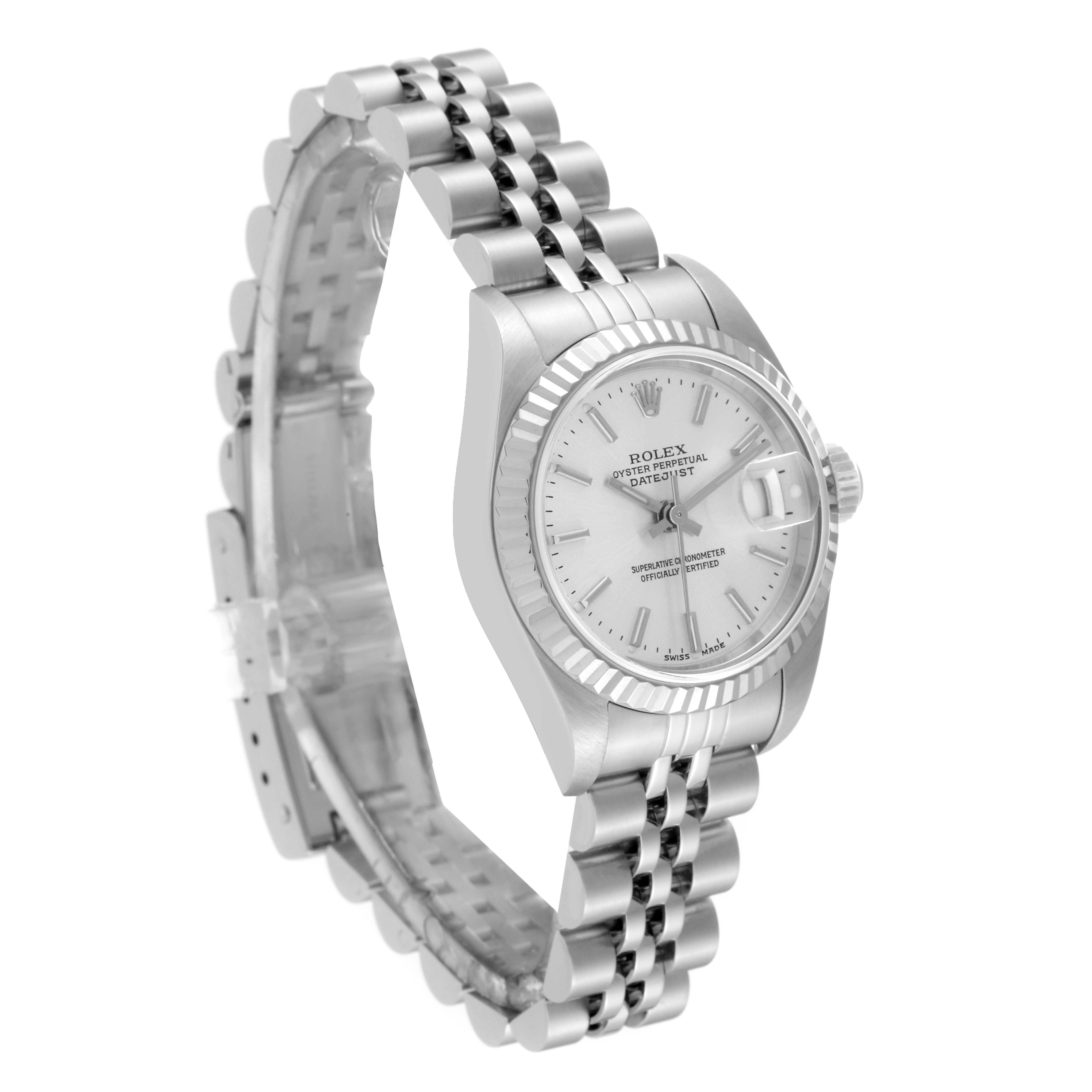 This Rolex Datejust 79174 Women's Stainless Steel Silver Dial 79174 Women's Stainless Steel Silver Dial watch is shown from a left-side angle, featuring its face, bezel, crown, and bracelet.