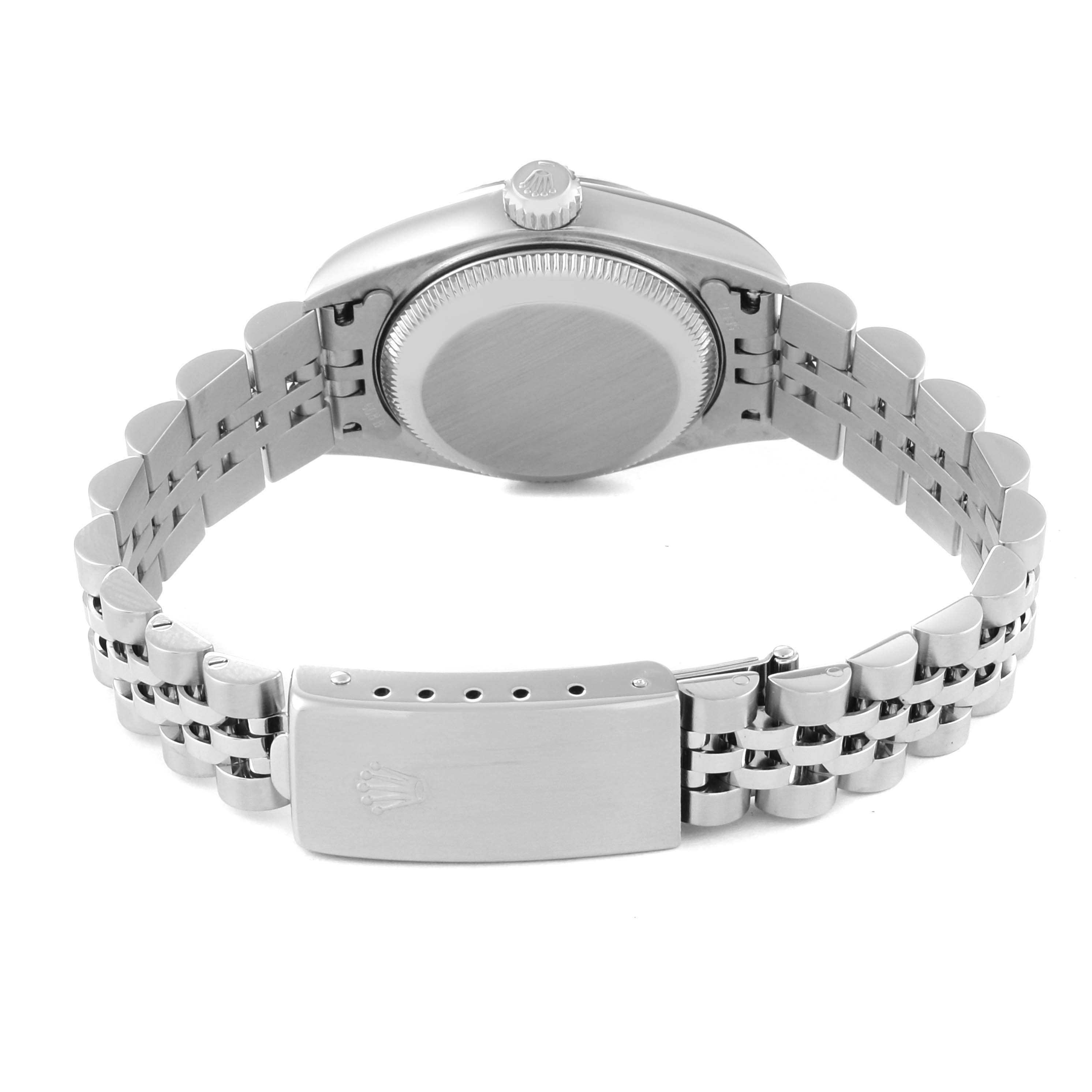 This image shows the back of the Rolex Datejust 79174 Women's Stainless Steel Silver Dial 79174 Women's Stainless Steel Silver Dial watch, focusing on the case, bracelet, and clasp.