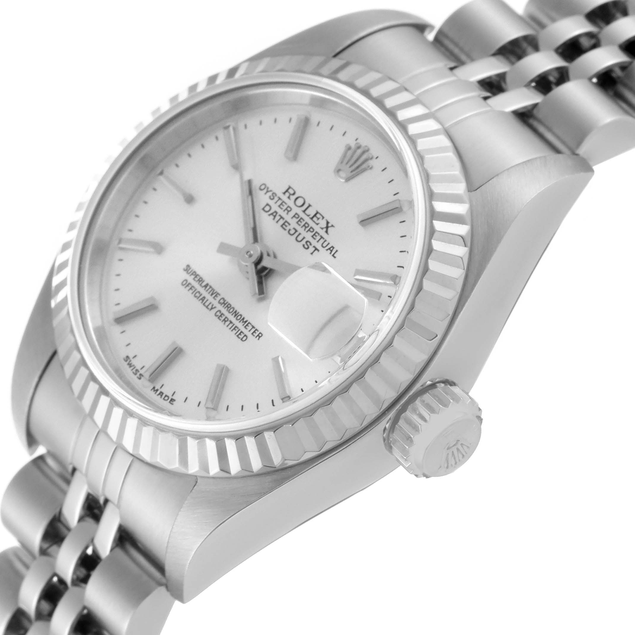 The angle shows a close-up of the Rolex Datejust 79174 Women's Stainless Steel Silver Dial 79174 Women's Stainless Steel Silver Dial watch, highlighting the dial, crown, and parts of the bracelet.