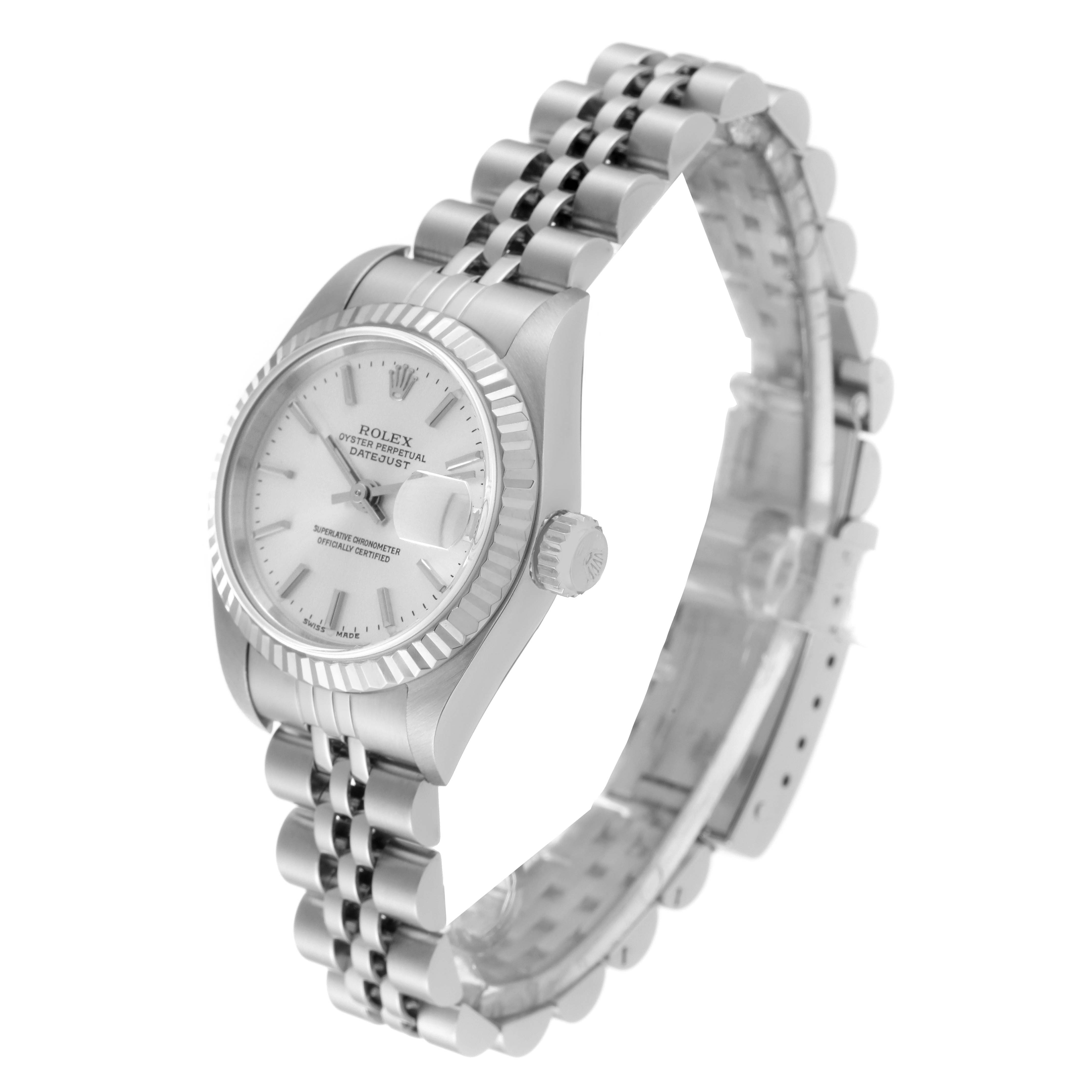 This image shows a Rolex Datejust 79174 Women's Stainless Steel Silver Dial 79174 Women's Stainless Steel Silver Dial watch from a front-side angle, highlighting the face, crown, and bracelet.