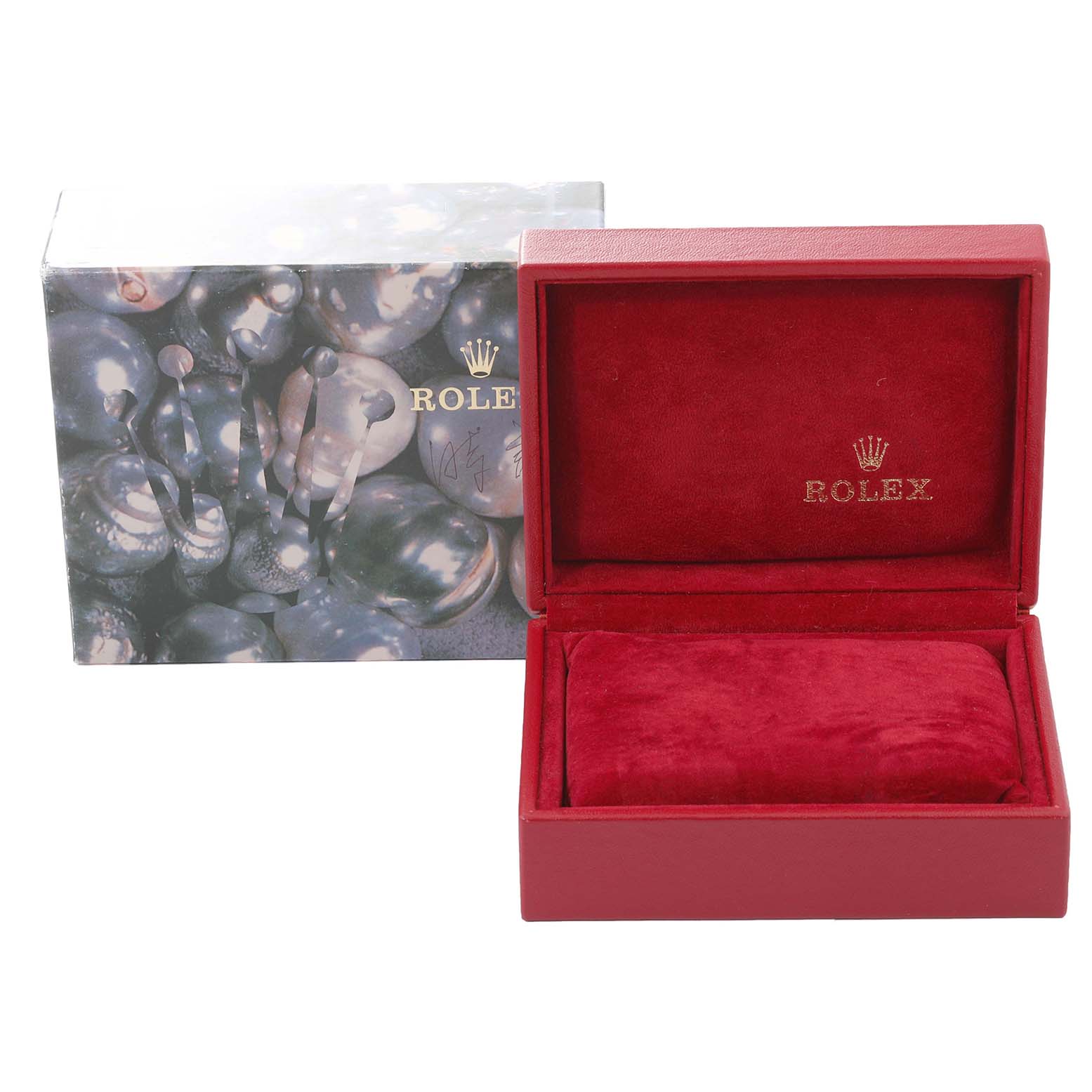 This image shows a red Rolex Datejust 79174 Women's Stainless Steel Silver Dial 79174 Women's Stainless Steel Silver Dial watch box with a decorative outer box both viewed from the front.