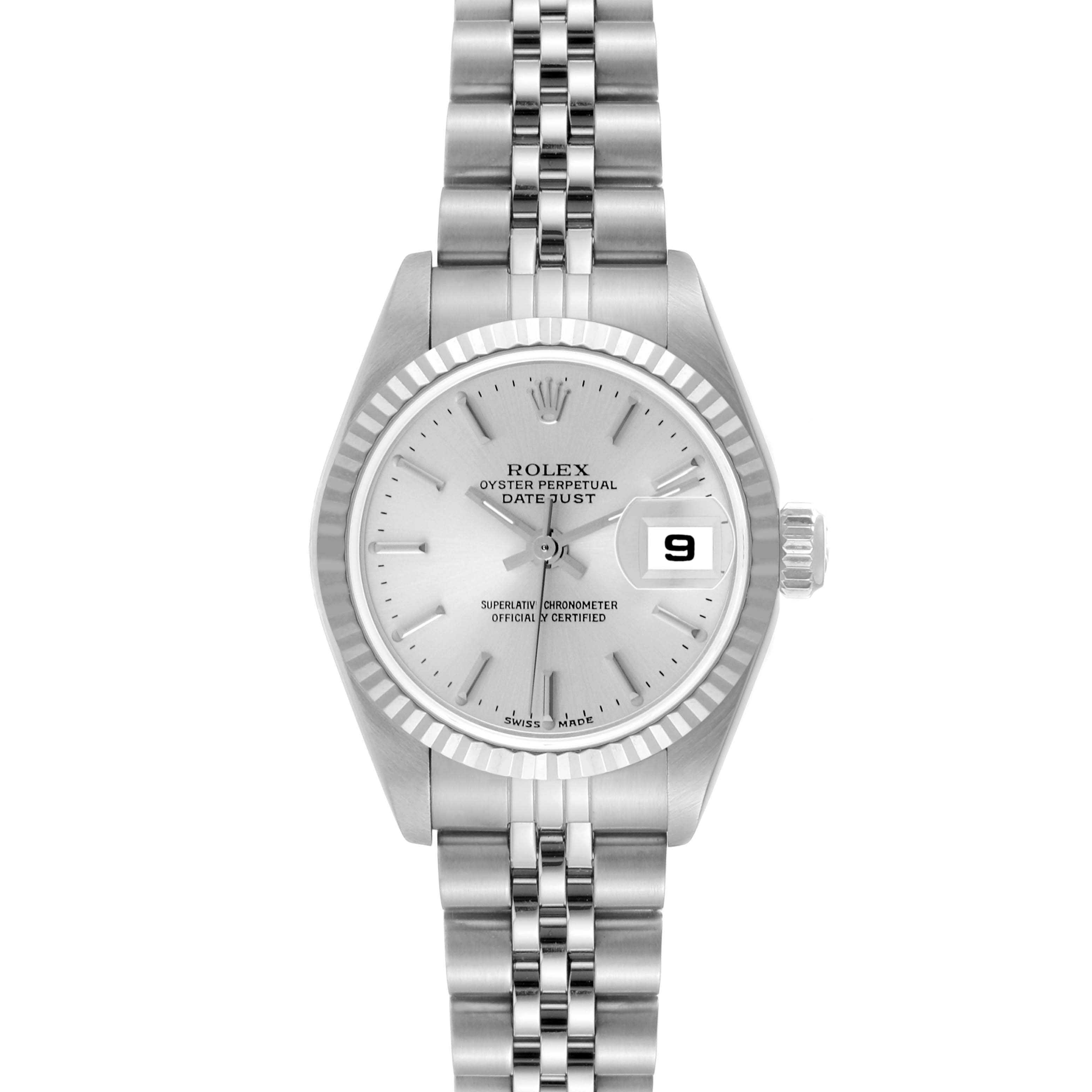 This image shows a front view of the Rolex Datejust 79174 Women's Stainless Steel Silver Dial 79174 Women's Stainless Steel Silver Dial watch, displaying its dial, fluted bezel, and jubilee bracelet.