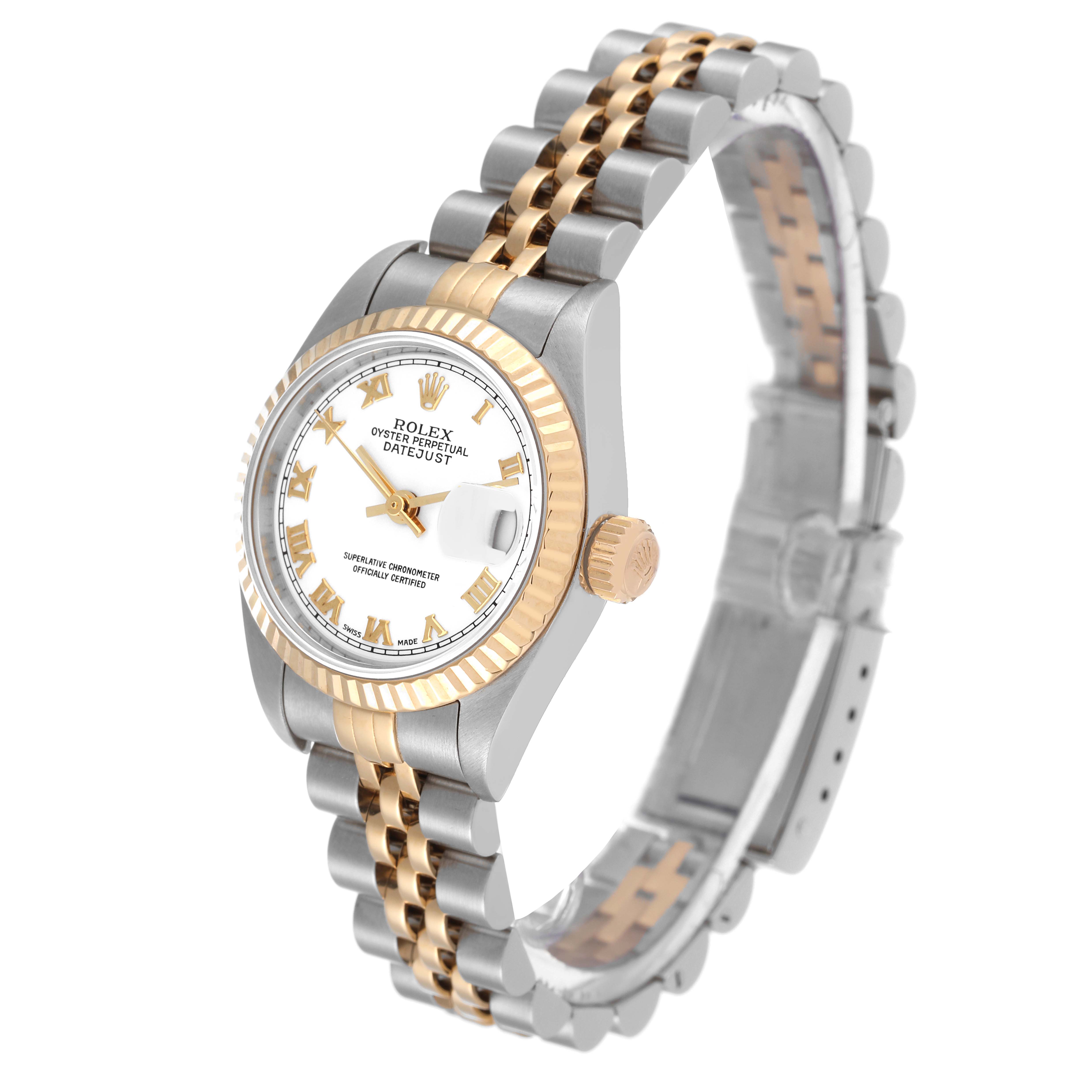 This Rolex Datejust 79173 Women's Steel and Gold (two tone) White Dial 79173 Women's Steel and Gold (two tone) White Dial watch is shown at a slight angle, highlighting the face, bezel, crown, and two-tone jubilee bracelet.