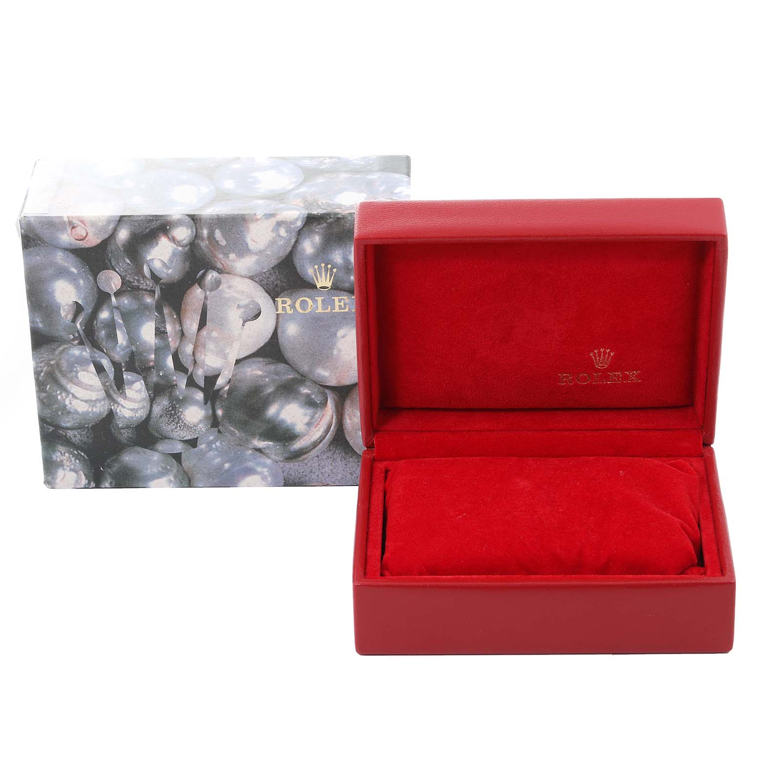 The image shows a Rolex Datejust 79173 Women's Steel and Gold (two tone) White Dial 79173 Women's Steel and Gold (two tone) White Dial watch's packaging, including a red watch box and an outer box with a pearl design.