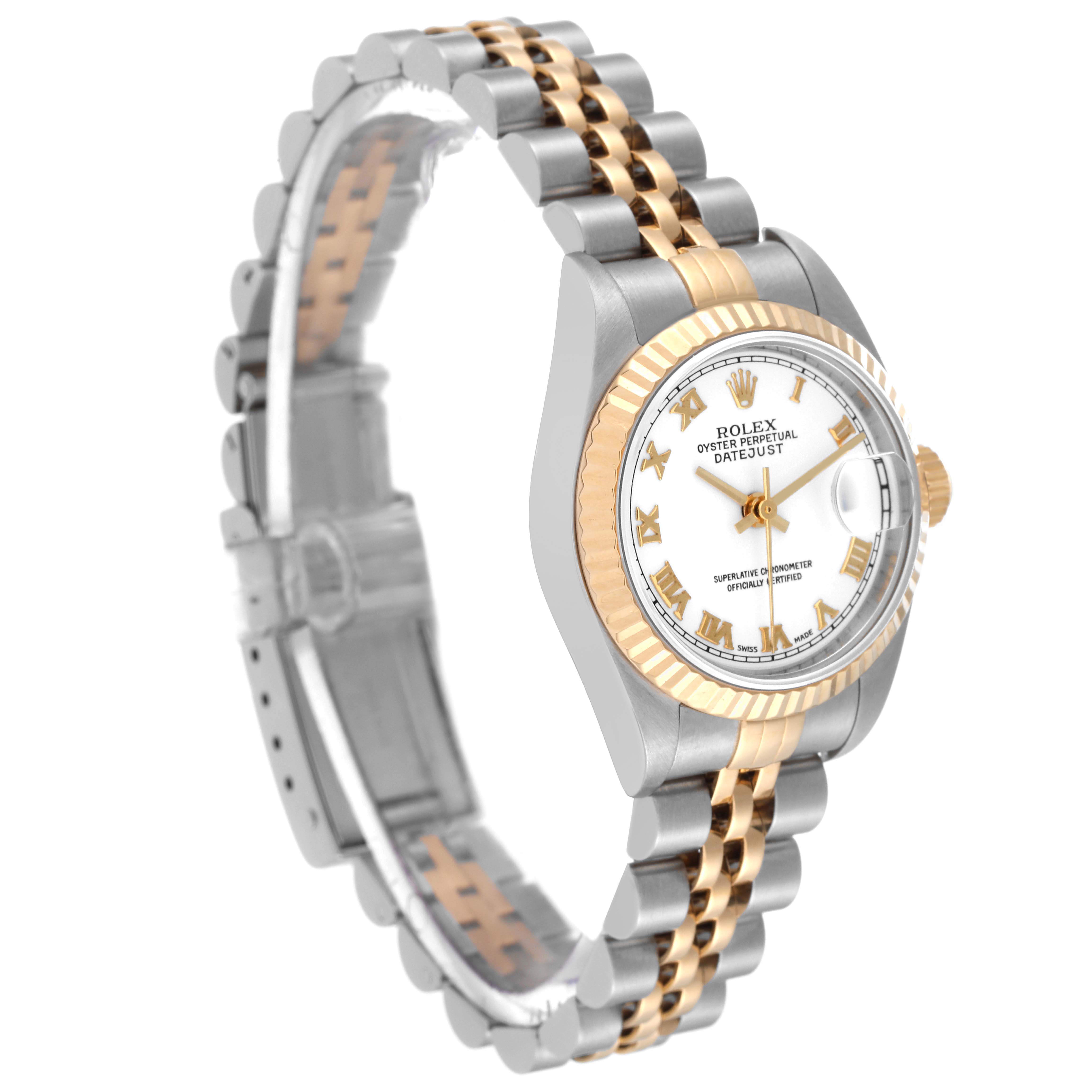 The image shows a side angle view of a Rolex Datejust 79173 Women's Steel and Gold (two tone) White Dial 79173 Women's Steel and Gold (two tone) White Dial watch, highlighting its two-tone bracelet and fluted bezel.