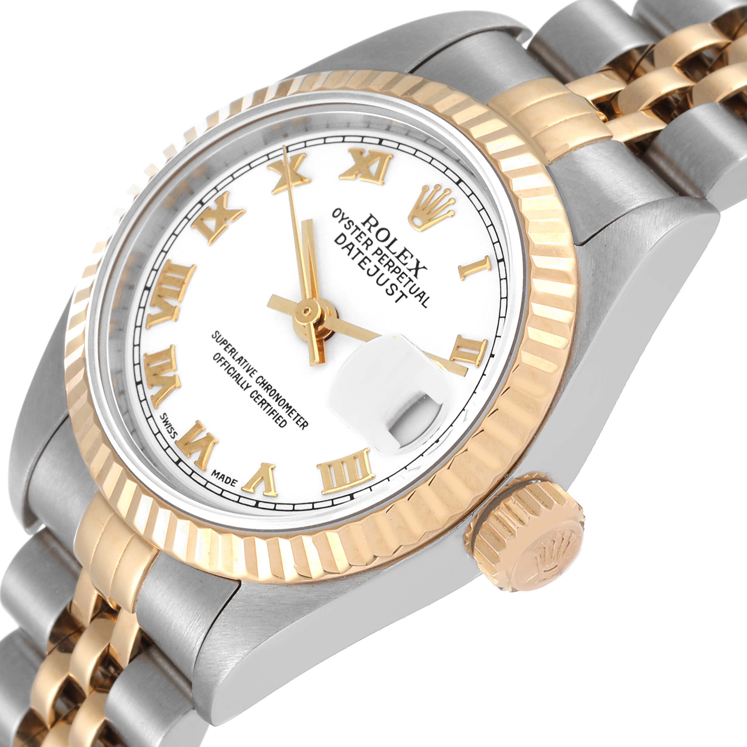 The image shows an angled close-up of a Rolex Datejust 79173 Women's Steel and Gold (two tone) White Dial 79173 Women's Steel and Gold (two tone) White Dial watch, highlighting the dial, case, crown, and bracelet.