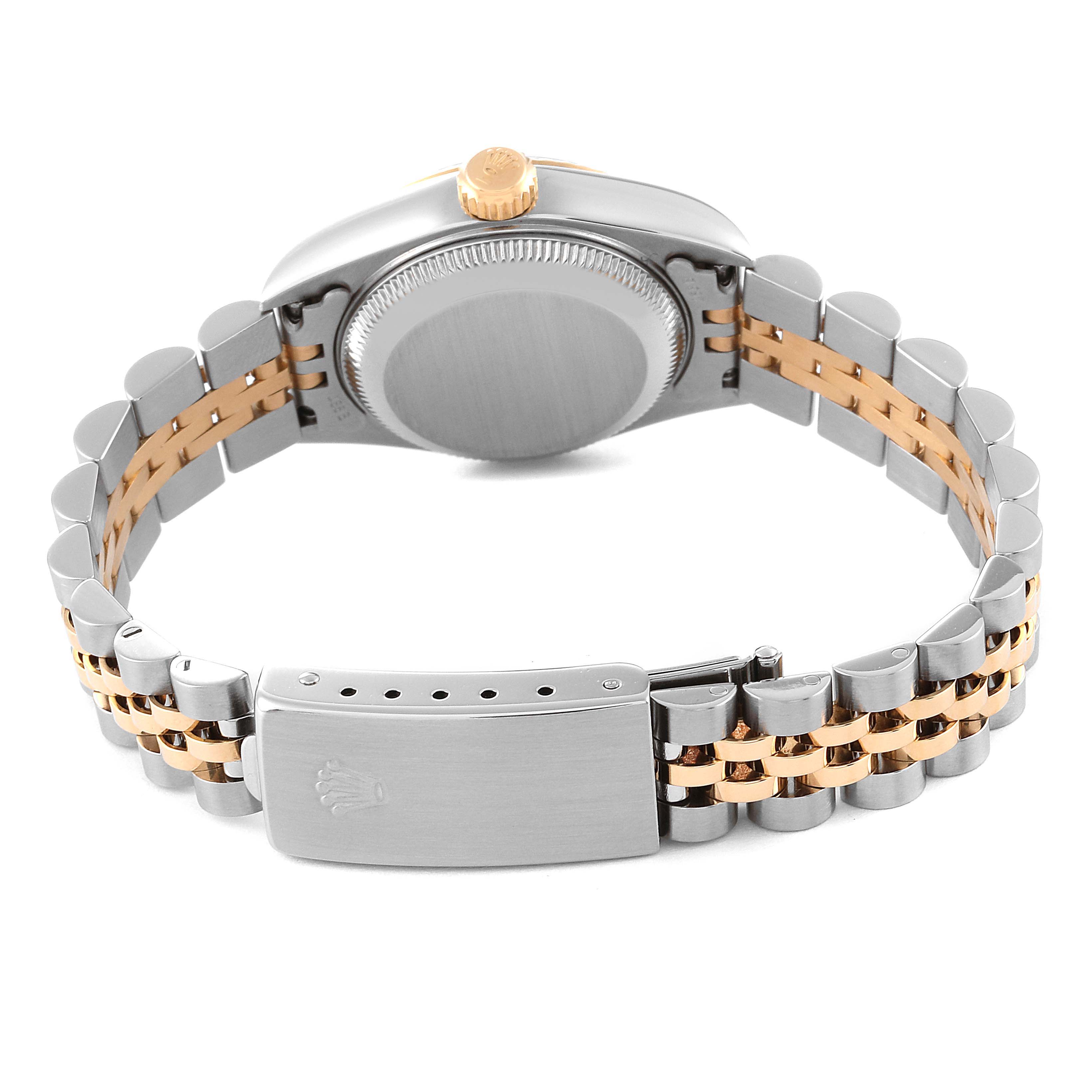 The image shows the back and bracelet of a Rolex Datejust 79173 Women's Steel and Gold (two tone) White Dial 79173 Women's Steel and Gold (two tone) White Dial watch, highlighting the two-tone Jubilee bracelet and clasp.