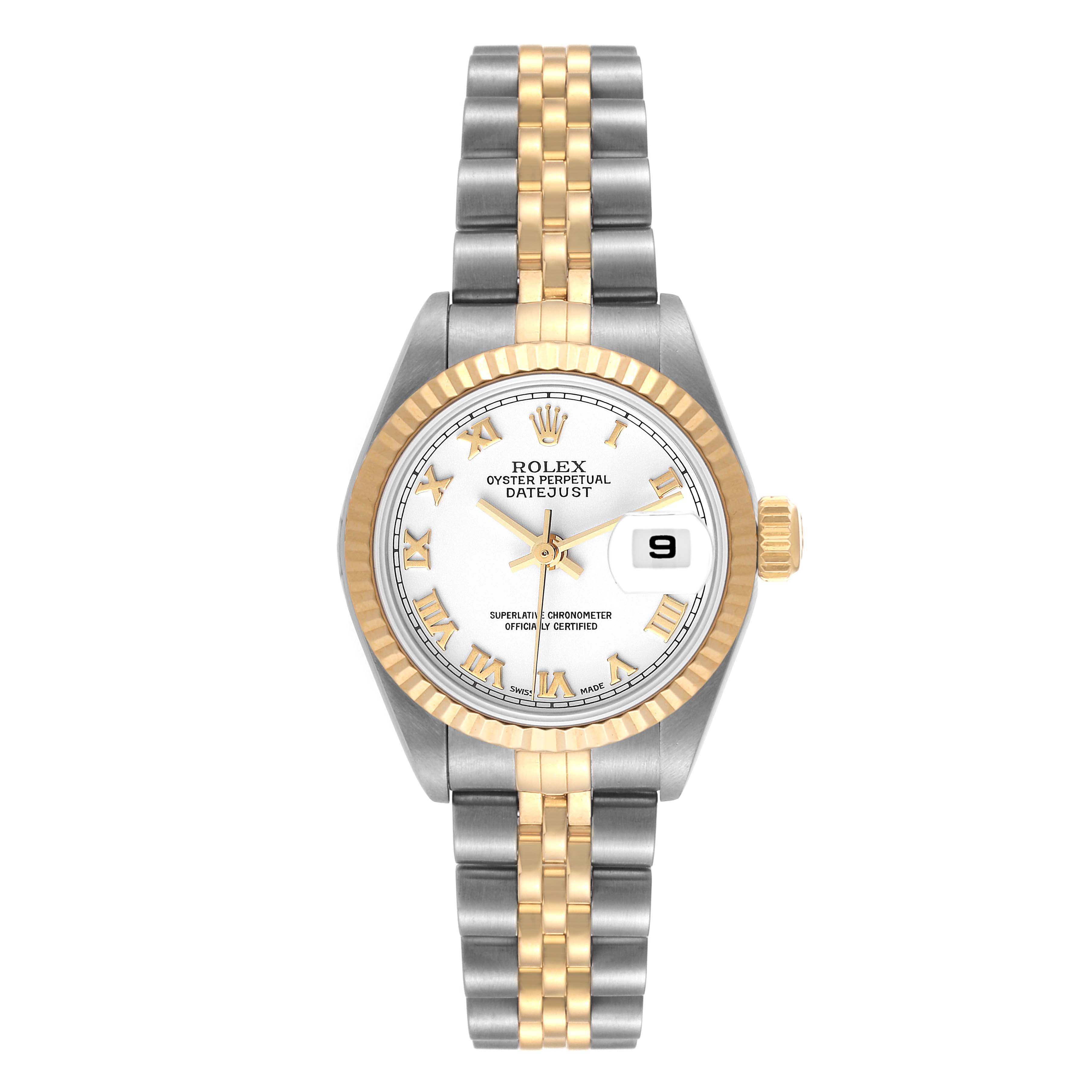The image shows a front view of the Rolex Datejust 79173 Women's Steel and Gold (two tone) White Dial 79173 Women's Steel and Gold (two tone) White Dial watch, displaying the dial, bezel, crown, and bracelet.