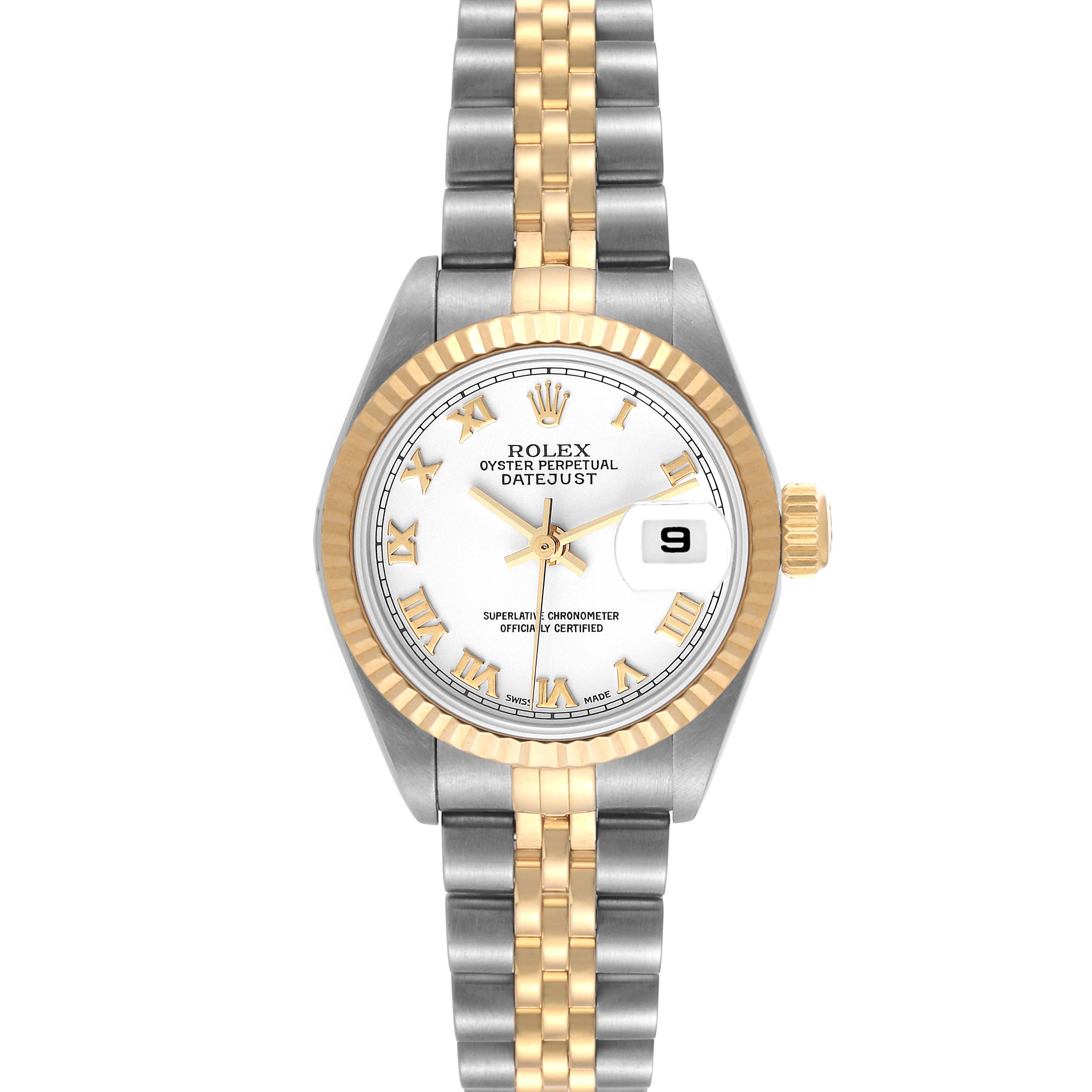 This image shows a front view of the Rolex Datejust 79173 Women's Steel and Gold (two tone) White Dial 79173 Women's Steel and Gold (two tone) White Dial watch, featuring its dial, bezel, and bracelet.