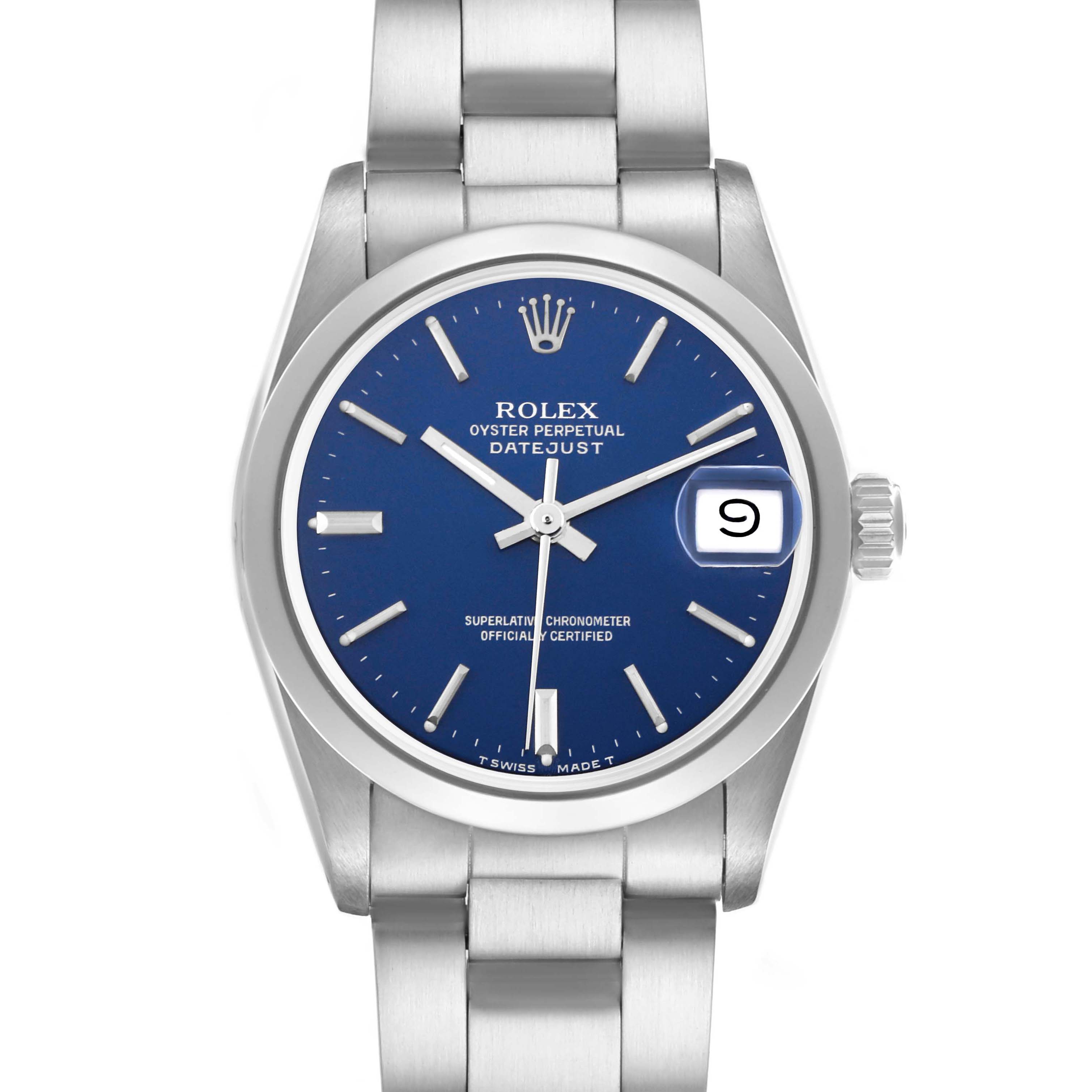 The Rolex Datejust Mid-Size watch is shown from a front angle, displaying the dial, case, bezel, crown, and part of the bracelet.