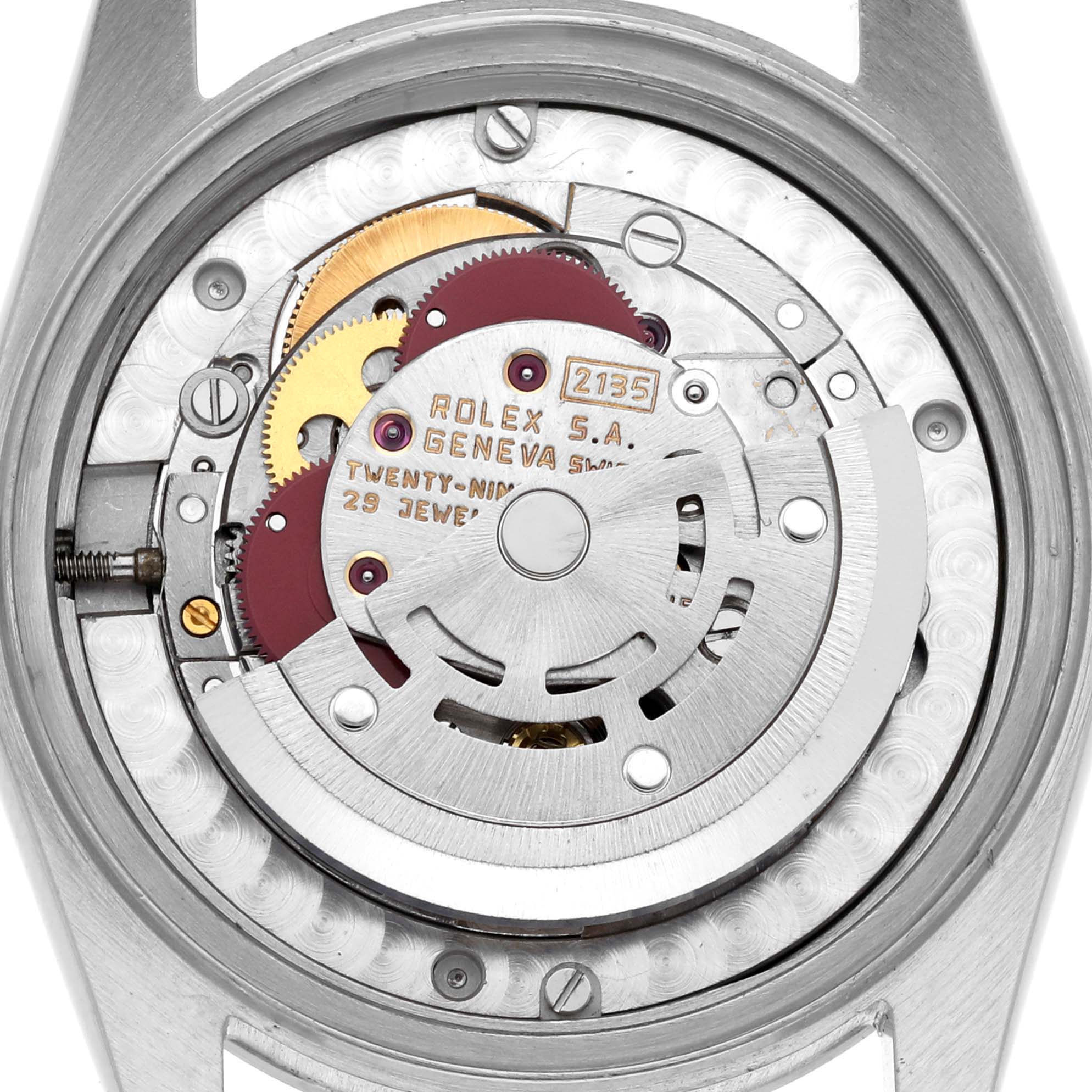 The image shows the internal mechanism of a Rolex Mid-Size 68240 Women's Stainless Steel Blue Dial 68240 Women's Stainless Steel Blue Dial model from a top-down angle, revealing gears and the rotor.