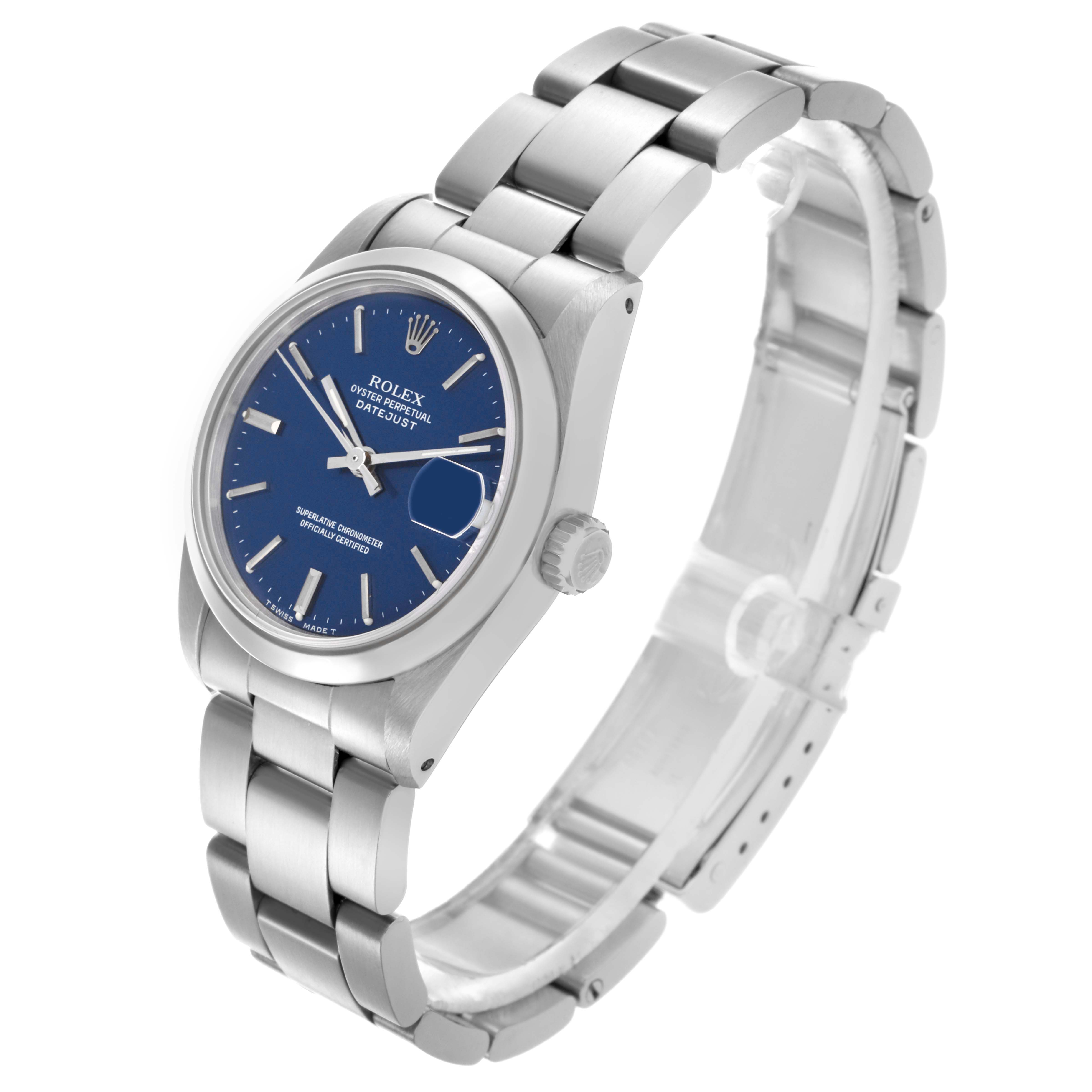 The Rolex Mid-Size 68240 Women's Stainless Steel Blue Dial 68240 Women's Stainless Steel Blue Dial watch is shown at an angled side view displaying the case, bracelet, and crown.