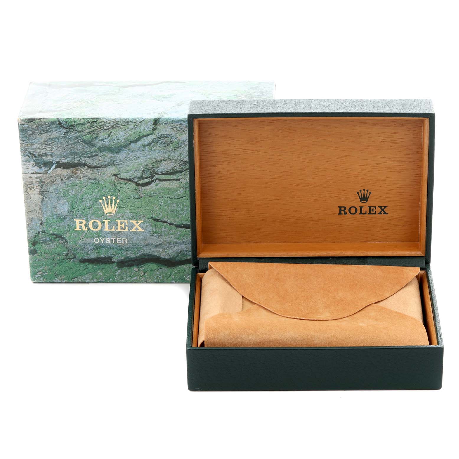 This image shows the packaging for a Rolex Mid-Size 68240 Women's Stainless Steel Blue Dial 68240 Women's Stainless Steel Blue Dial model, featuring an opened interior box with a suede pouch.