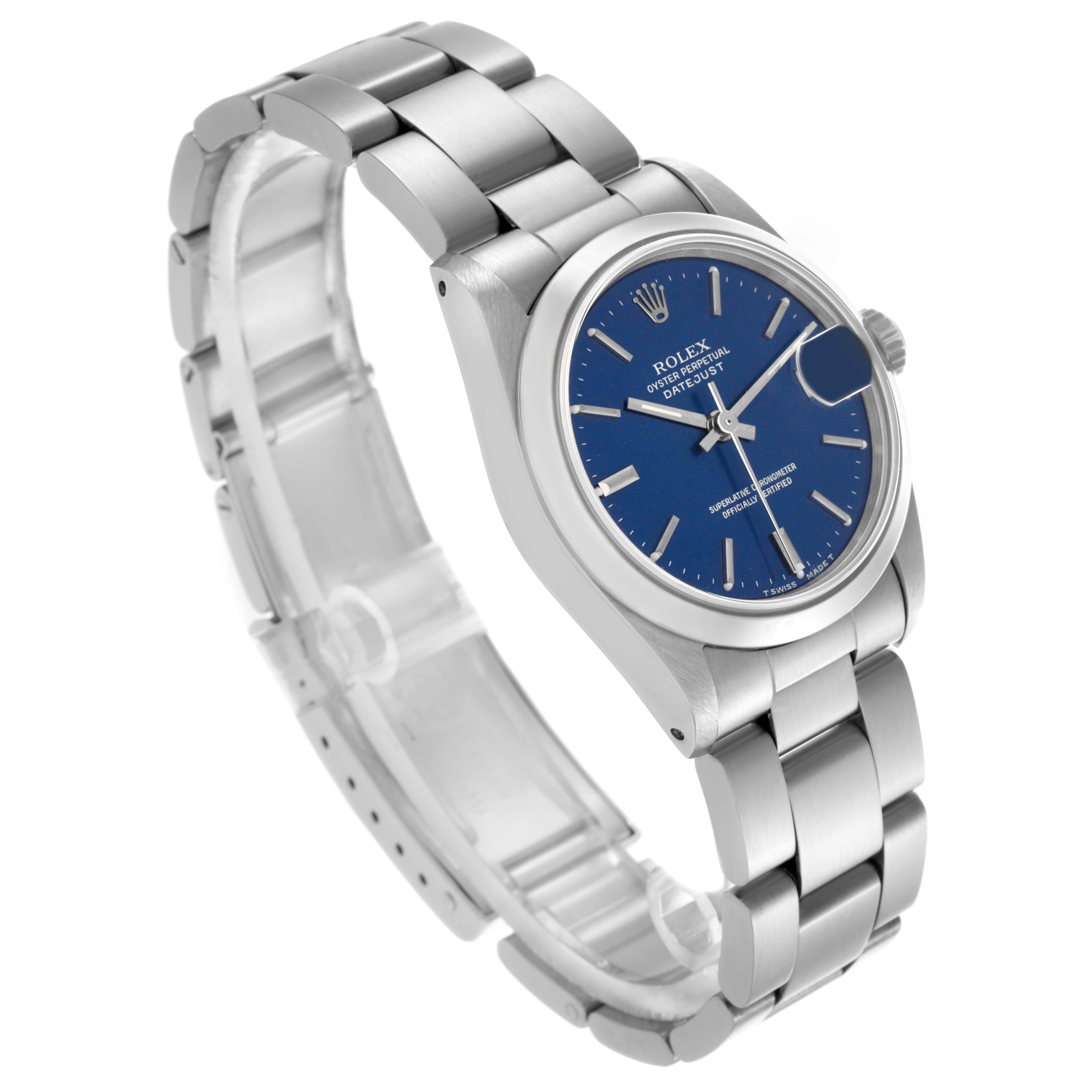 The Rolex Mid-Size 68240 Women's Stainless Steel Blue Dial 68240 Women's Stainless Steel Blue Dial watch is shown at an angled view displaying the blue dial, case, bezel, and bracelet.