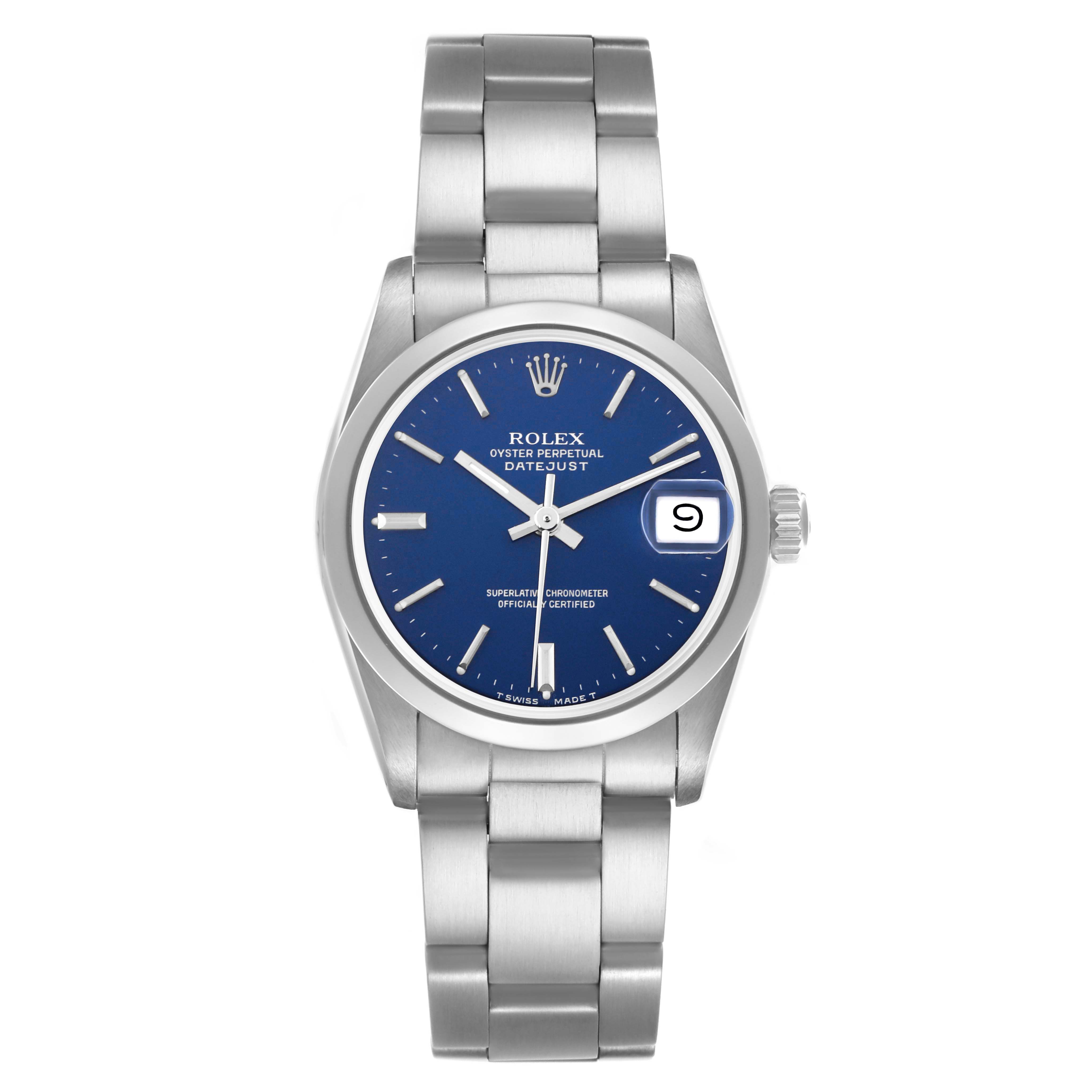 The Rolex Mid-Size 68240 Women's Stainless Steel Blue Dial 68240 Women's Stainless Steel Blue Dial watch is shown from a front angle, displaying the blue dial, crown, and full stainless steel bracelet.