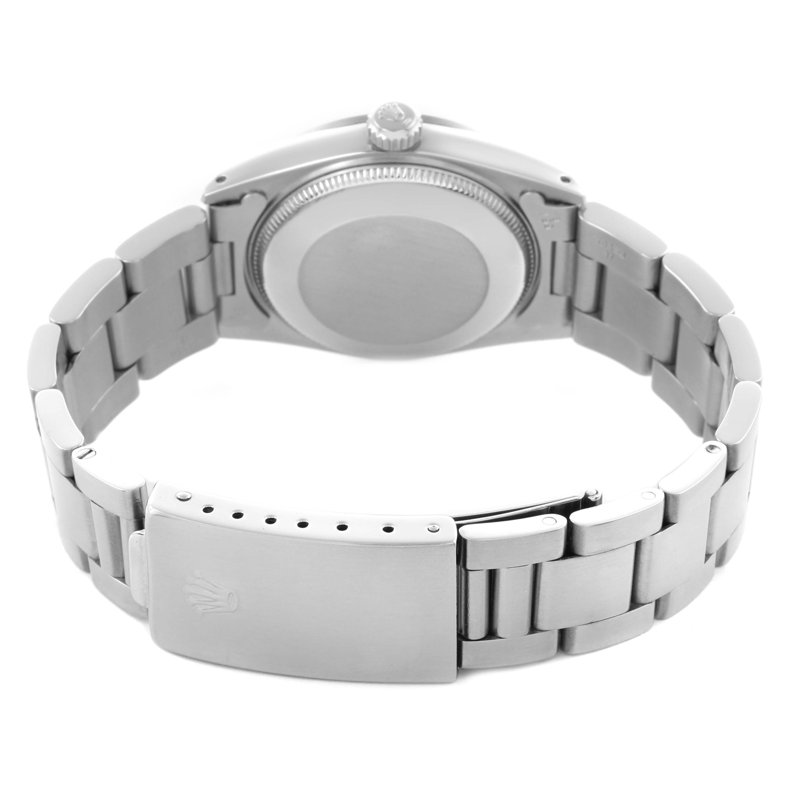 The image shows the back view of a Rolex Mid-Size 68240 Women's Stainless Steel Blue Dial 68240 Women's Stainless Steel Blue Dial model, highlighting the bracelet and clasp.