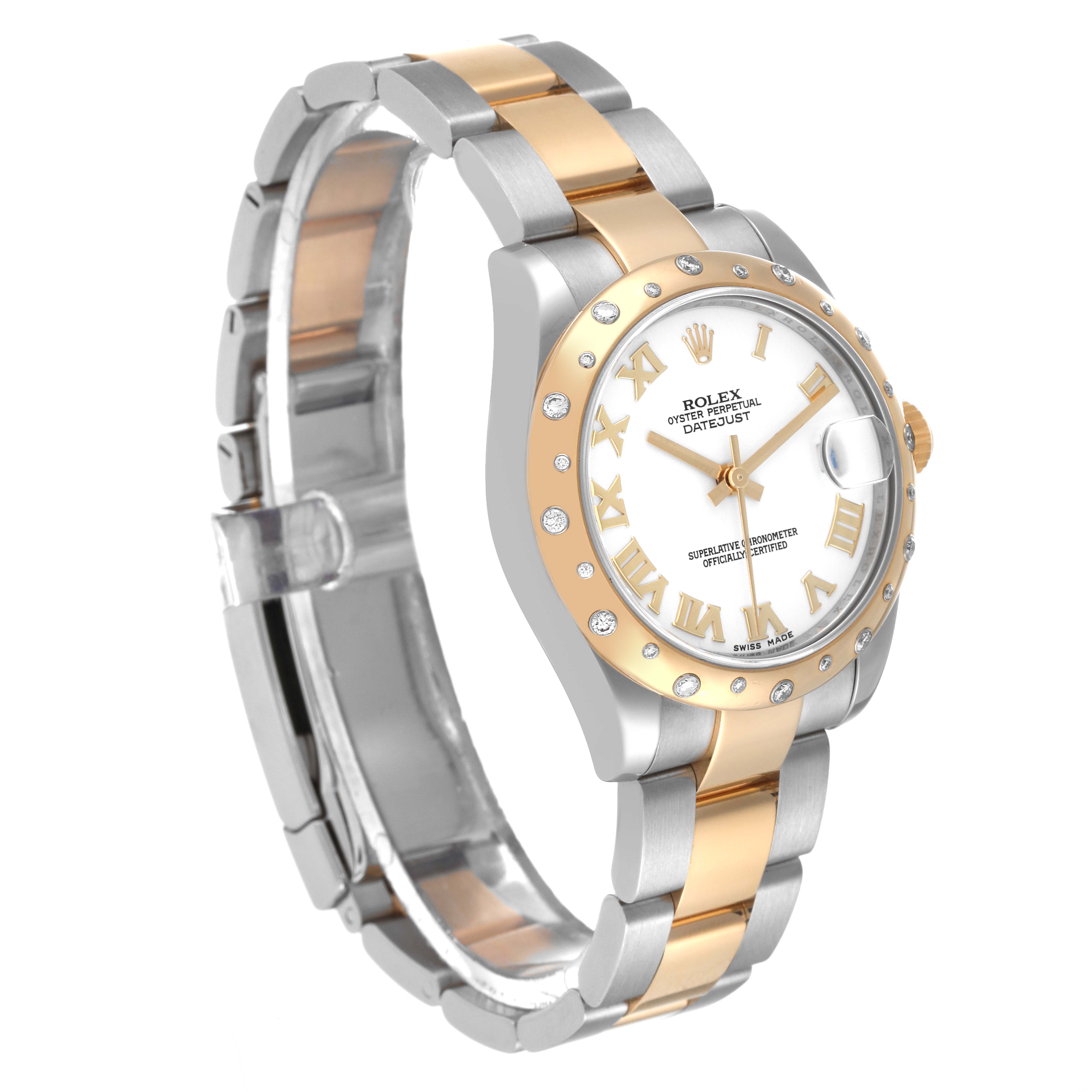 The Rolex Mid-Size 178343 Women's Steel and Gold (two tone) White Dial 178343 Women's Steel and Gold (two tone) White Dial model is shown at a side angle, highlighting the bracelet, bezel, and dial.