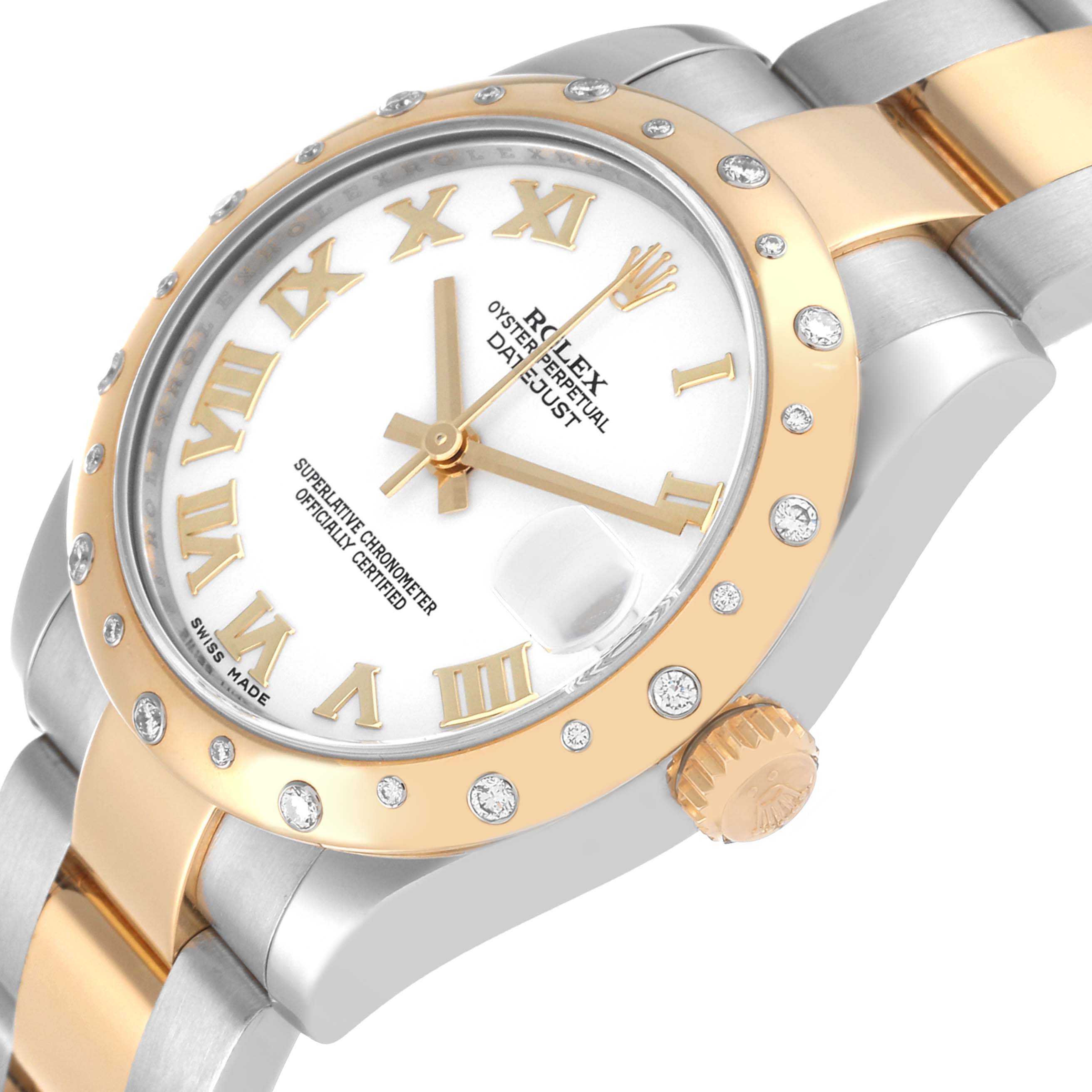 This image displays a close-up view of a Rolex Mid-Size 178343 Women's Steel and Gold (two tone) White Dial 178343 Women's Steel and Gold (two tone) White Dial Datejust watch, showing its bezel, dial, crown, and part of the bracelet.