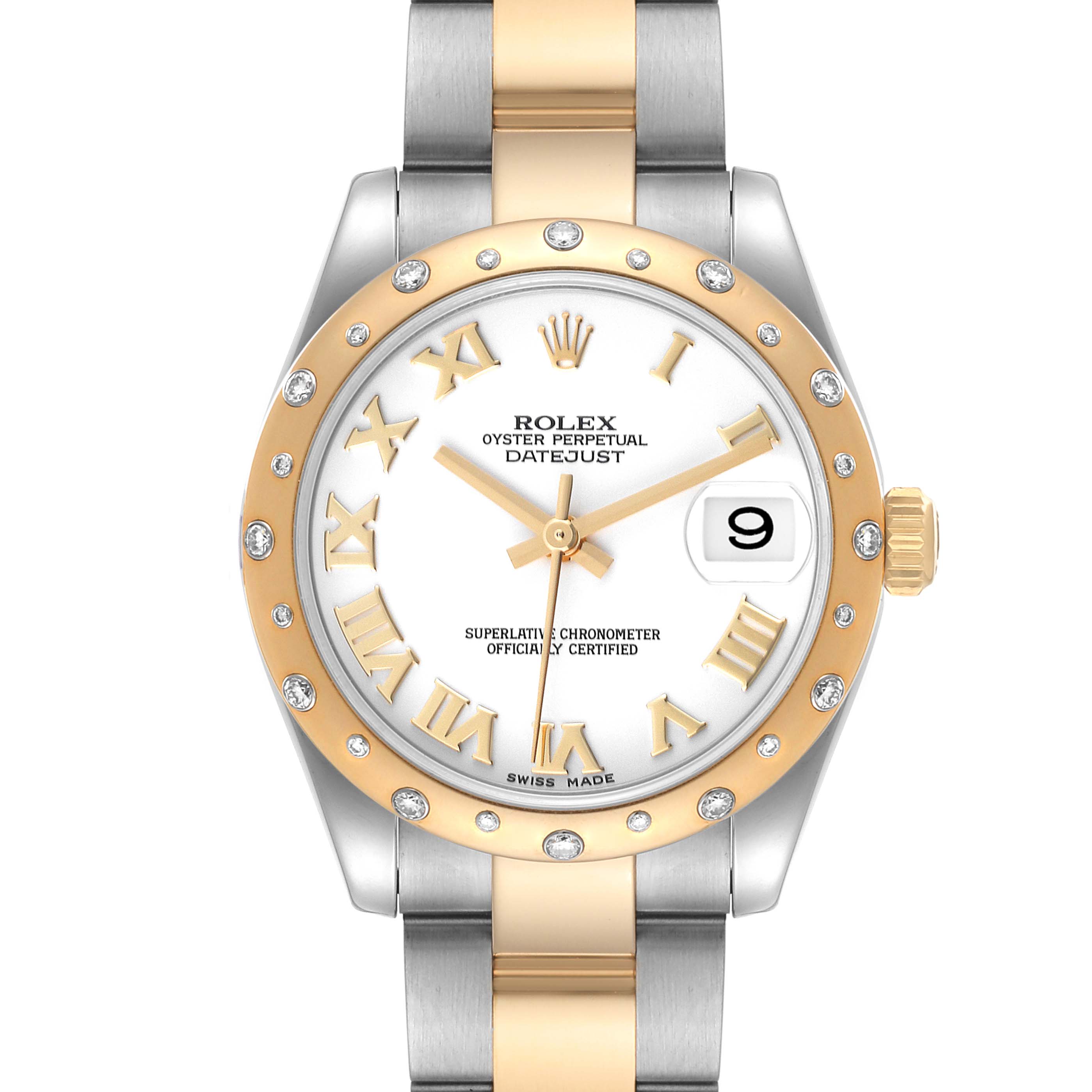 The Rolex Mid-Size 178343 Women's Steel and Gold (two tone) White Dial 178343 Women's Steel and Gold (two tone) White Dial Datejust watch is shown from the front, displaying the face, crown, bezel, and part of the bracelet.