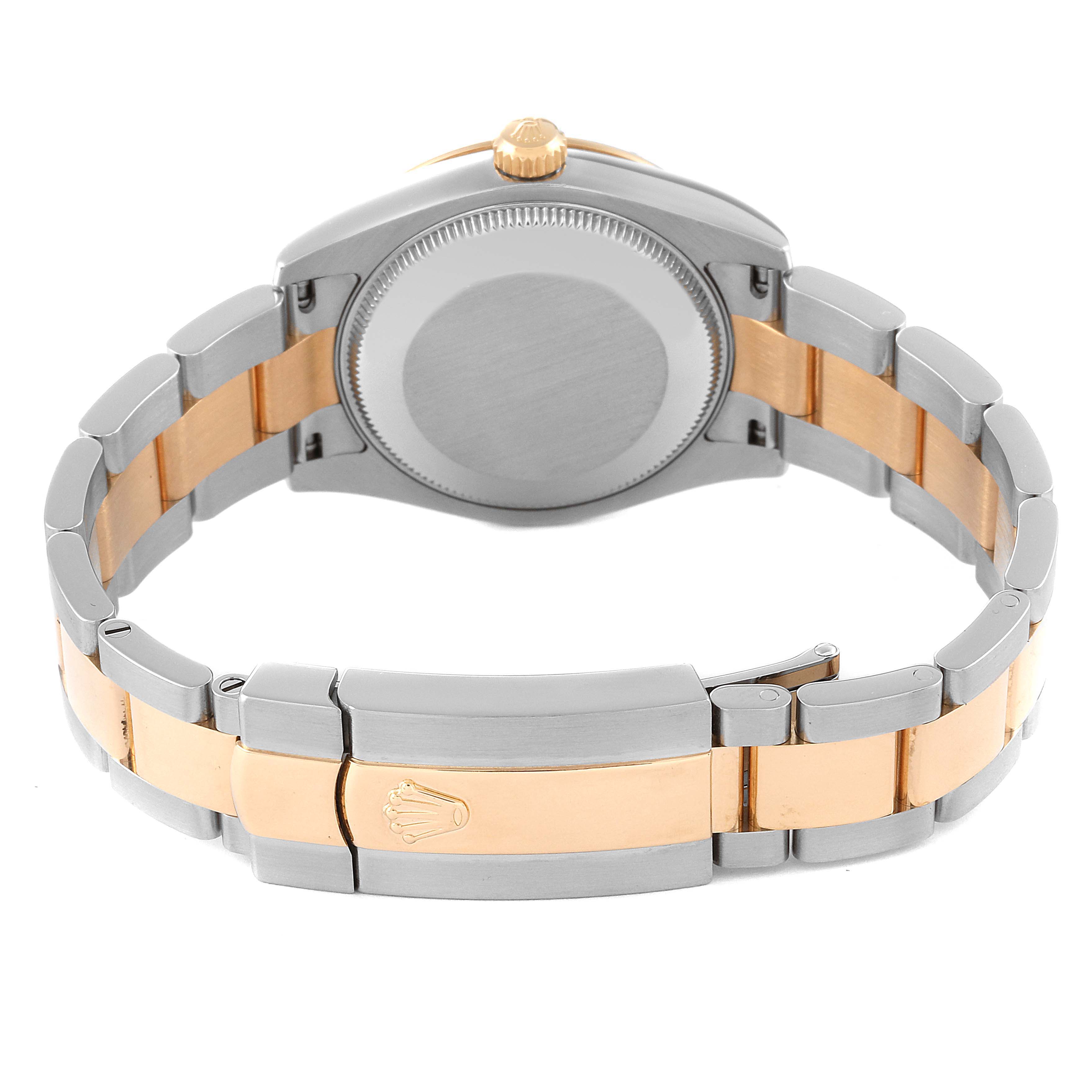 This image shows the back view of a Rolex Mid-Size 178343 Women's Steel and Gold (two tone) White Dial 178343 Women's Steel and Gold (two tone) White Dial watch featuring its two-tone bracelet and clasp.