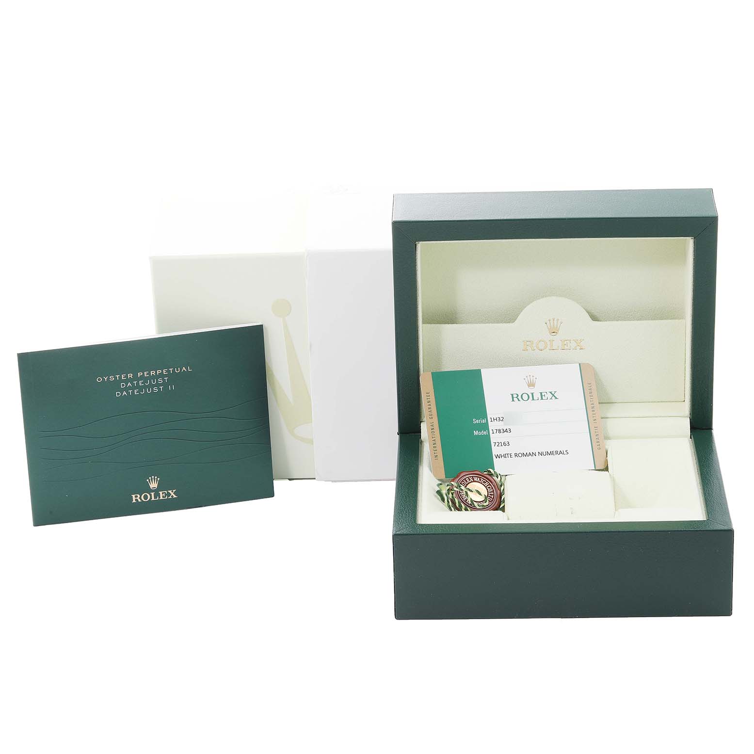 The image shows an open Rolex watch box with an authenticity card and booklets for the Mid-Size Oyster Perpetual Datejust II model.
