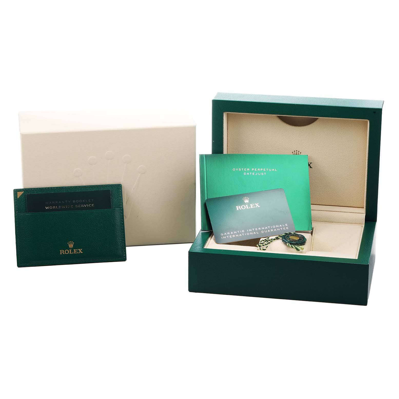 The image shows accessories for a Rolex Datejust 126301 Men's Steel and Gold (two tone) Pink Dial model, including warranty cards and a presentation box, viewed from the front.