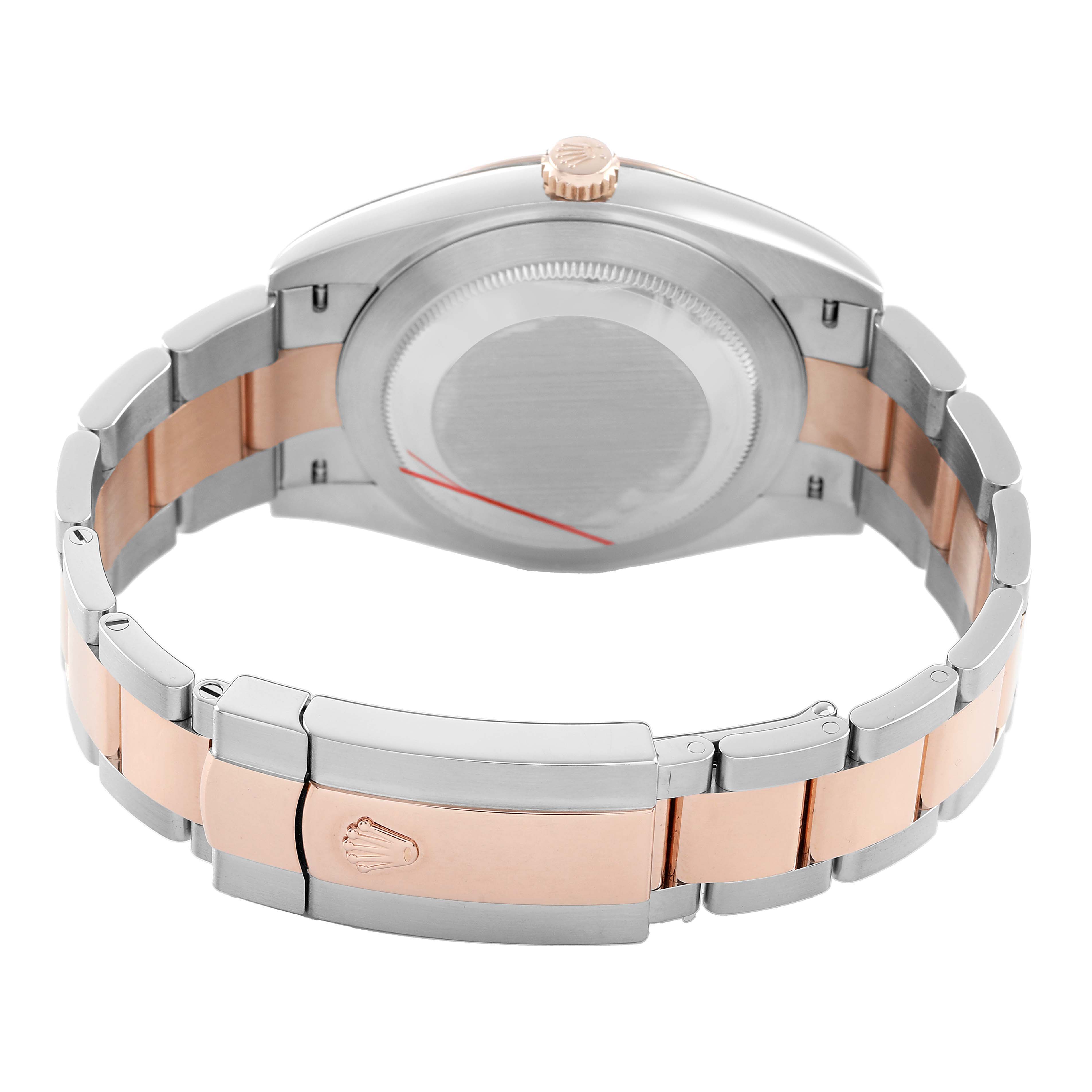 The Rolex Datejust 126301 Men's Steel and Gold (two tone) Pink Dial watch is shown from the back, highlighting its two-tone bracelet and clasp.