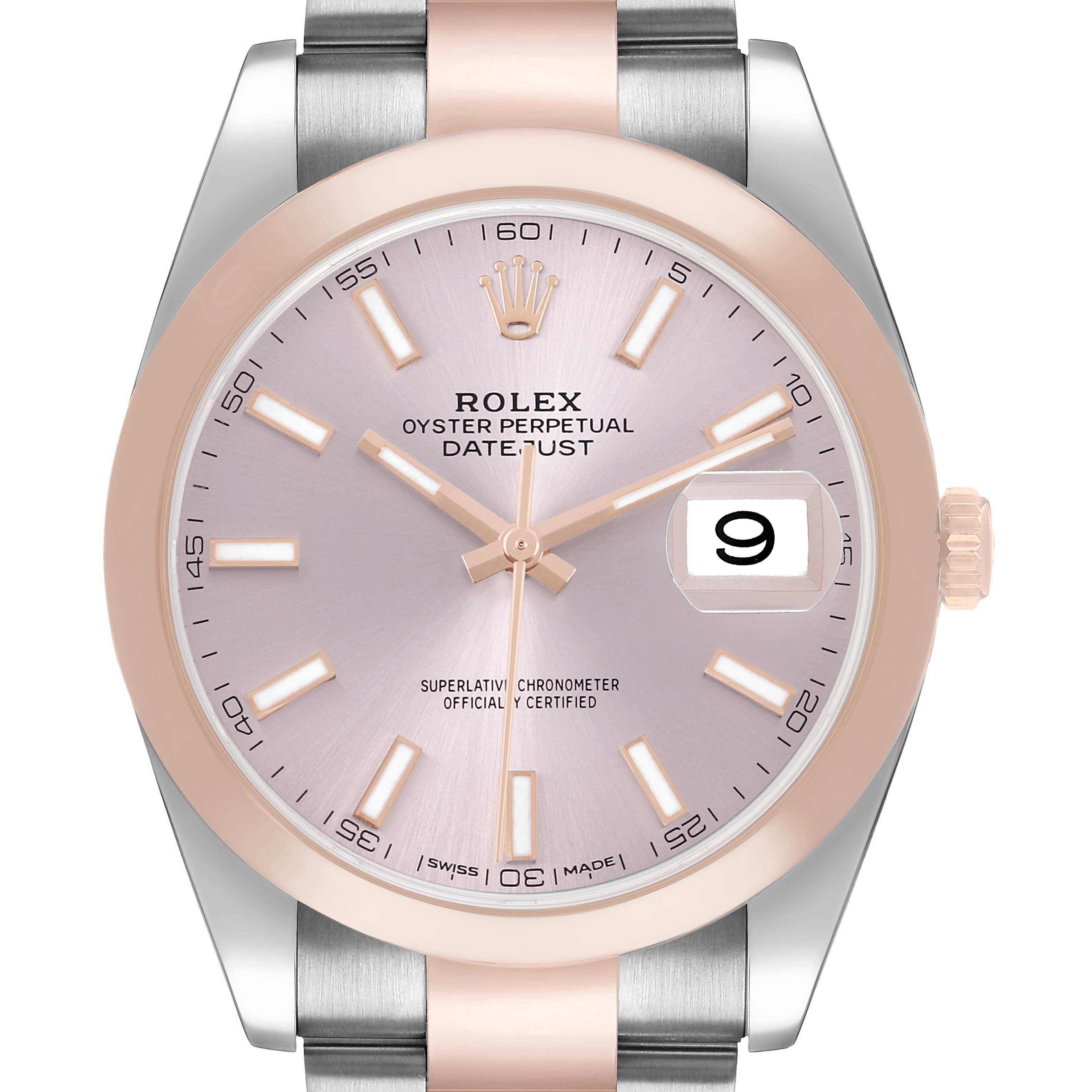 The image shows a front view of the Rolex Datejust 126301 Men's Steel and Gold (two tone) Pink Dial watch, highlighting the dial, hands, bezel, and part of the bracelet.