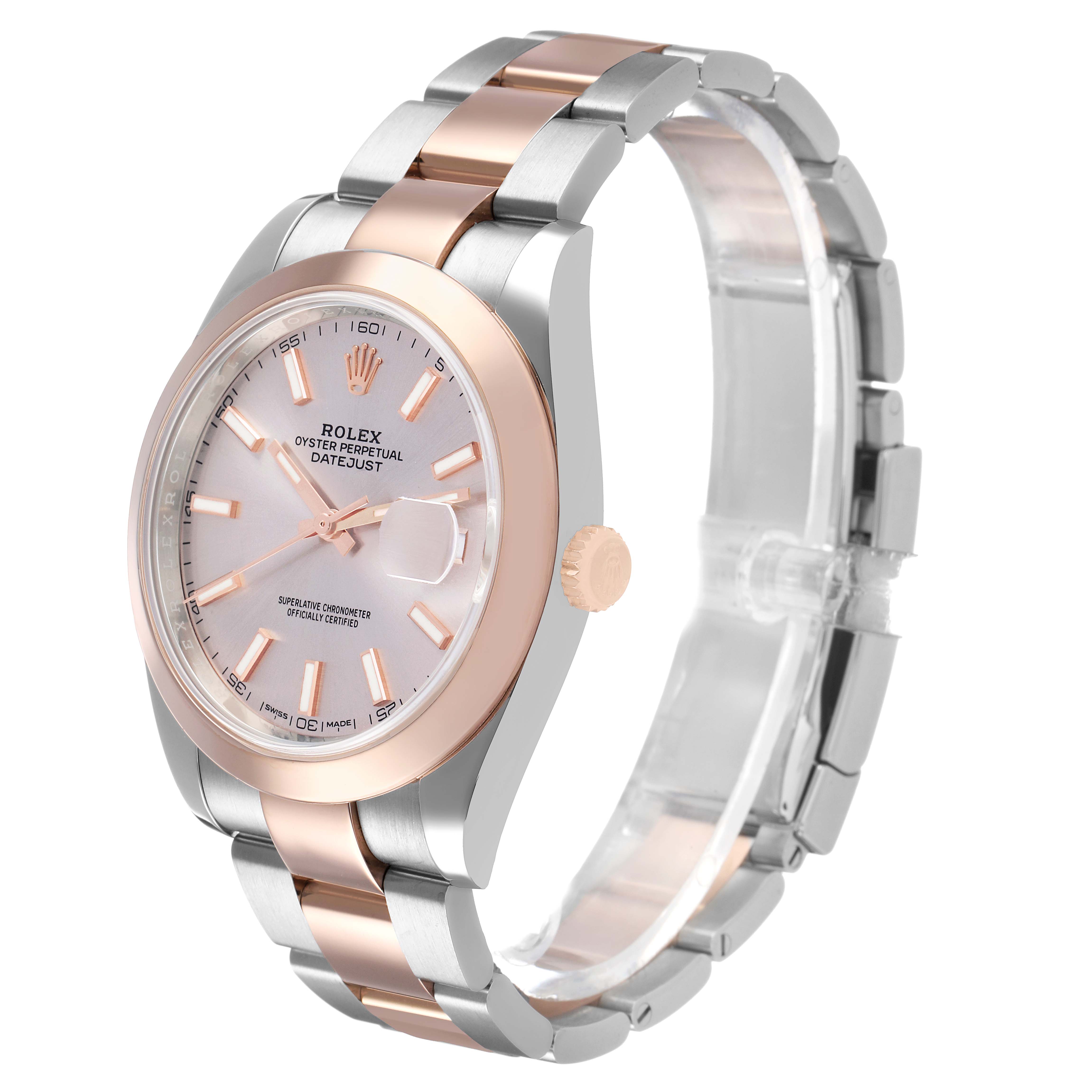 The Rolex Datejust 126301 Men's Steel and Gold (two tone) Pink Dial watch is shown at a three-quarter angle, highlighting the face, bezel, bracelet, and crown.