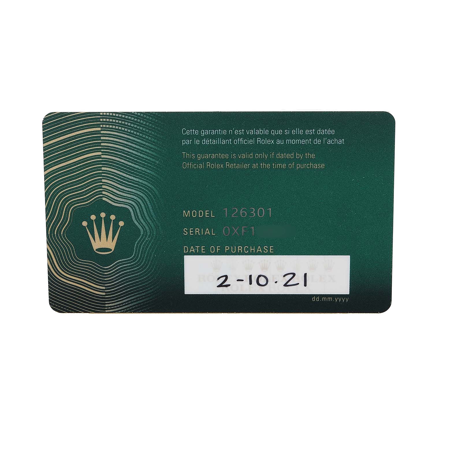 The image shows a warranty card for the Rolex Datejust 126301 Men's Steel and Gold (two tone) Pink Dial, featuring model, serial number, and purchase date.