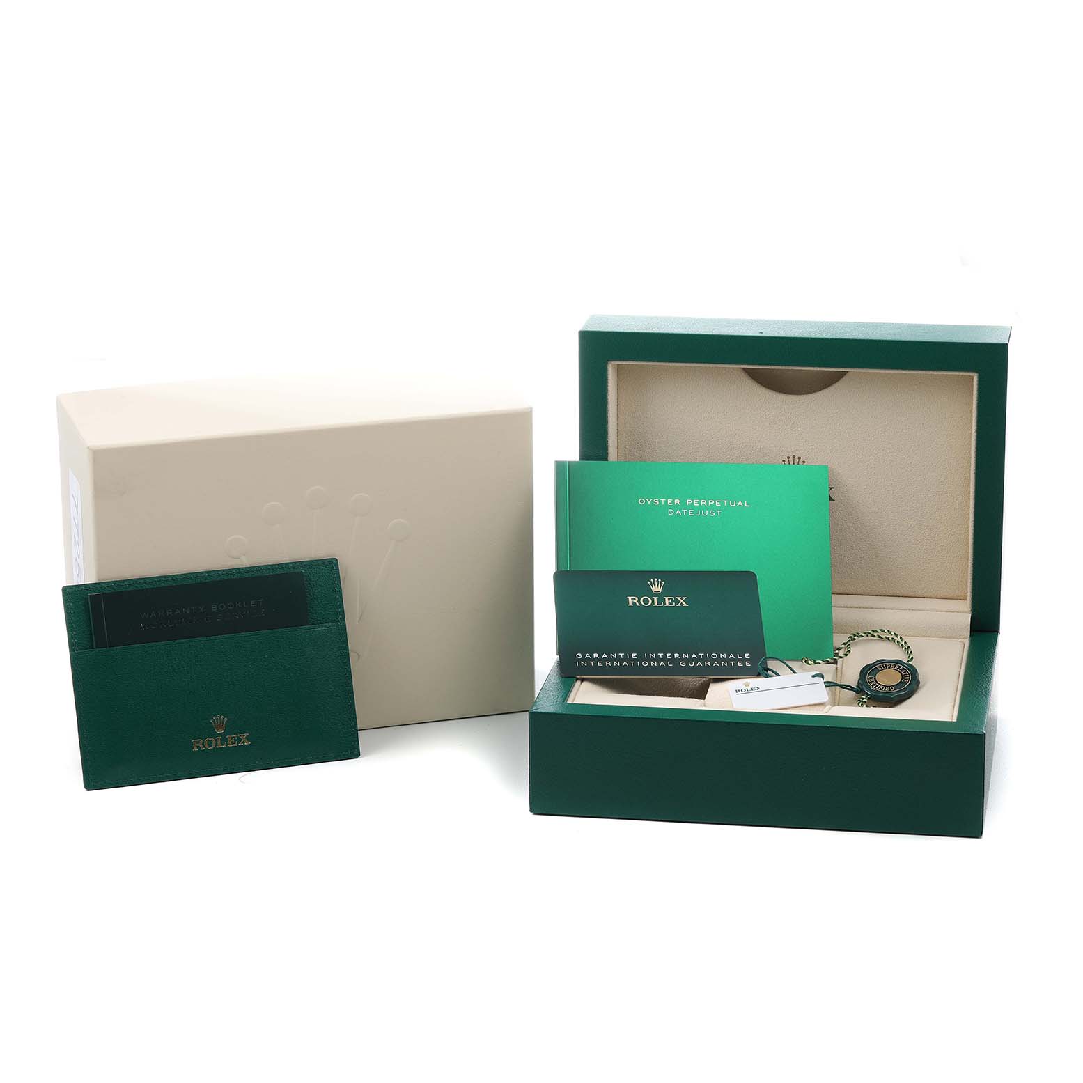 The image shows the packaging and accessories of a Rolex Datejust 41 126334 Men's Stainless Steel Grey Dial, featuring the box, papers, and tag at a frontal angle.