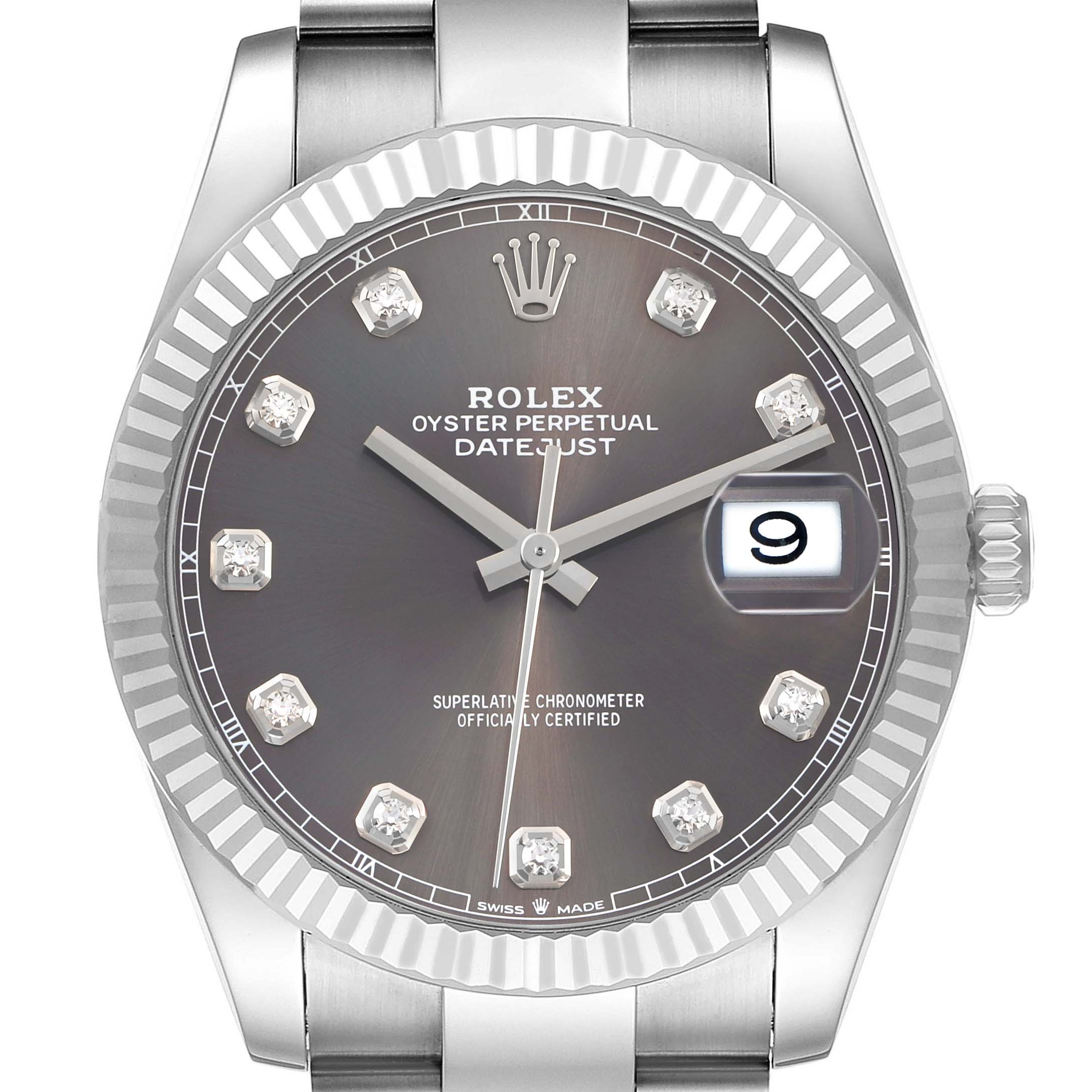 The Rolex Datejust 41 126334 Men's Stainless Steel Grey Dial is shown from the front, highlighting its dial, hands, date window, and fluted bezel.