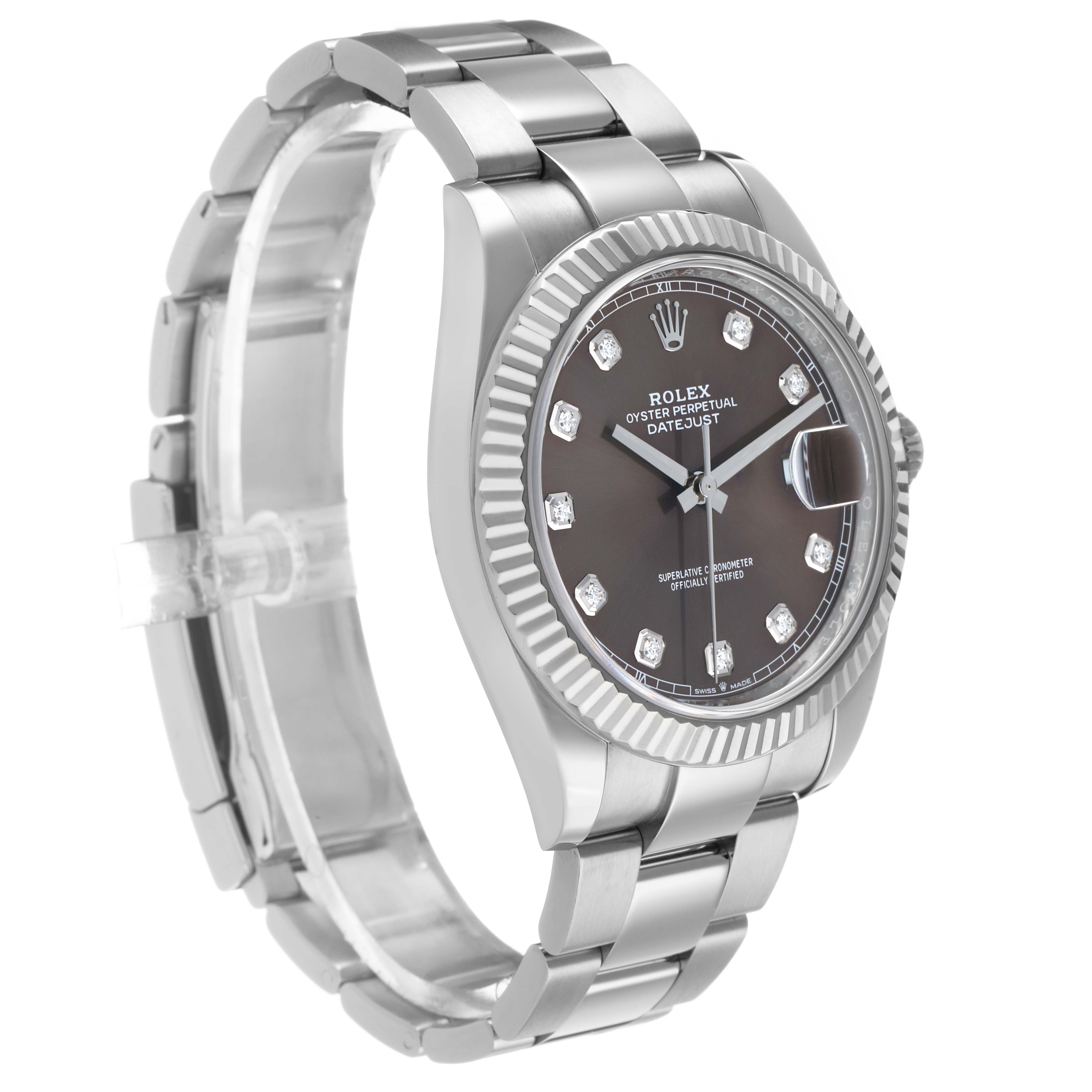 The Rolex Datejust 41 126334 Men's Stainless Steel Grey Dial is shown at a three-quarter angle highlighting the case, bracelet, and diamond-set dial.