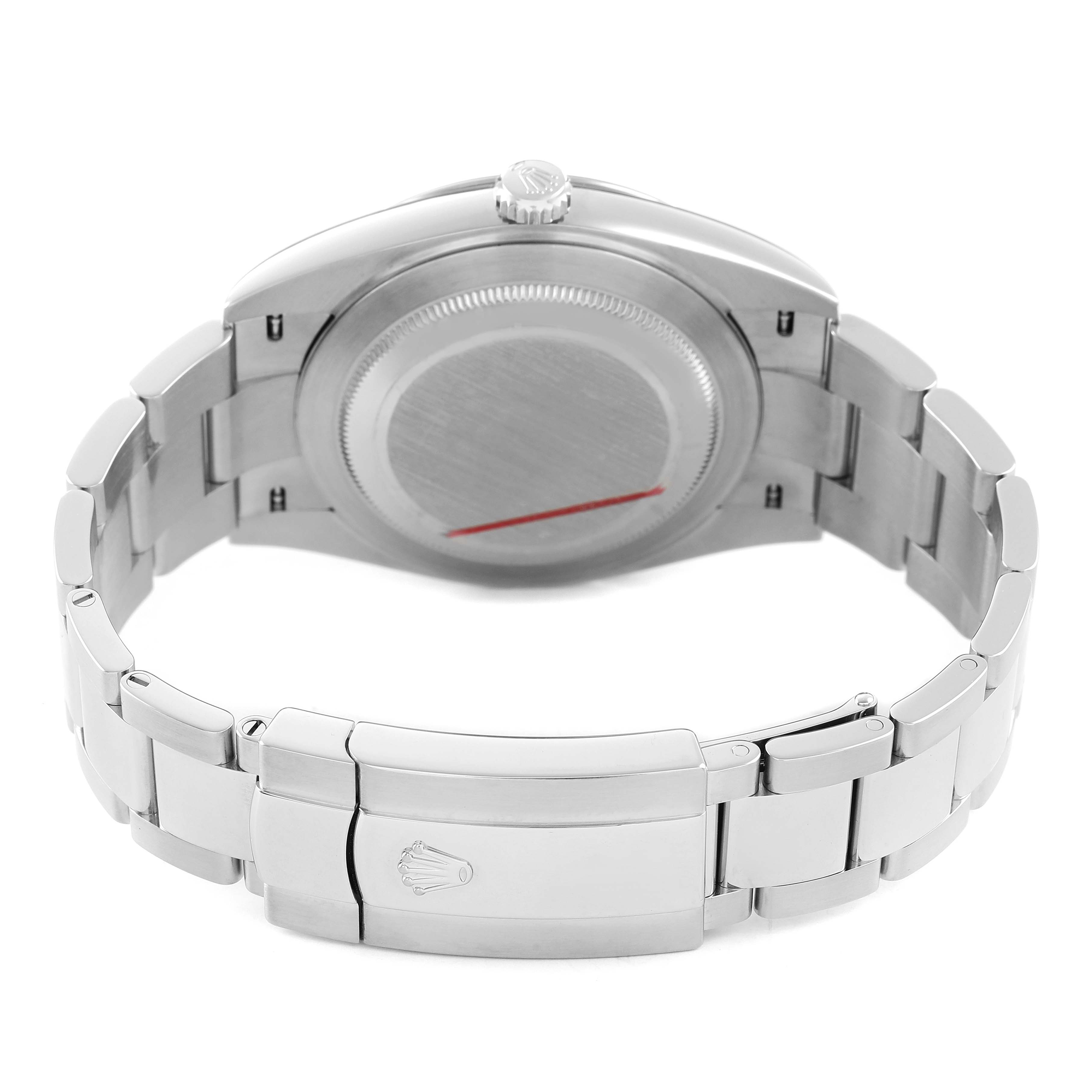 The image shows the back view of a Rolex Datejust 41 126334 Men's Stainless Steel Grey Dial watch, displaying the case back, crown, and bracelet with clasp.