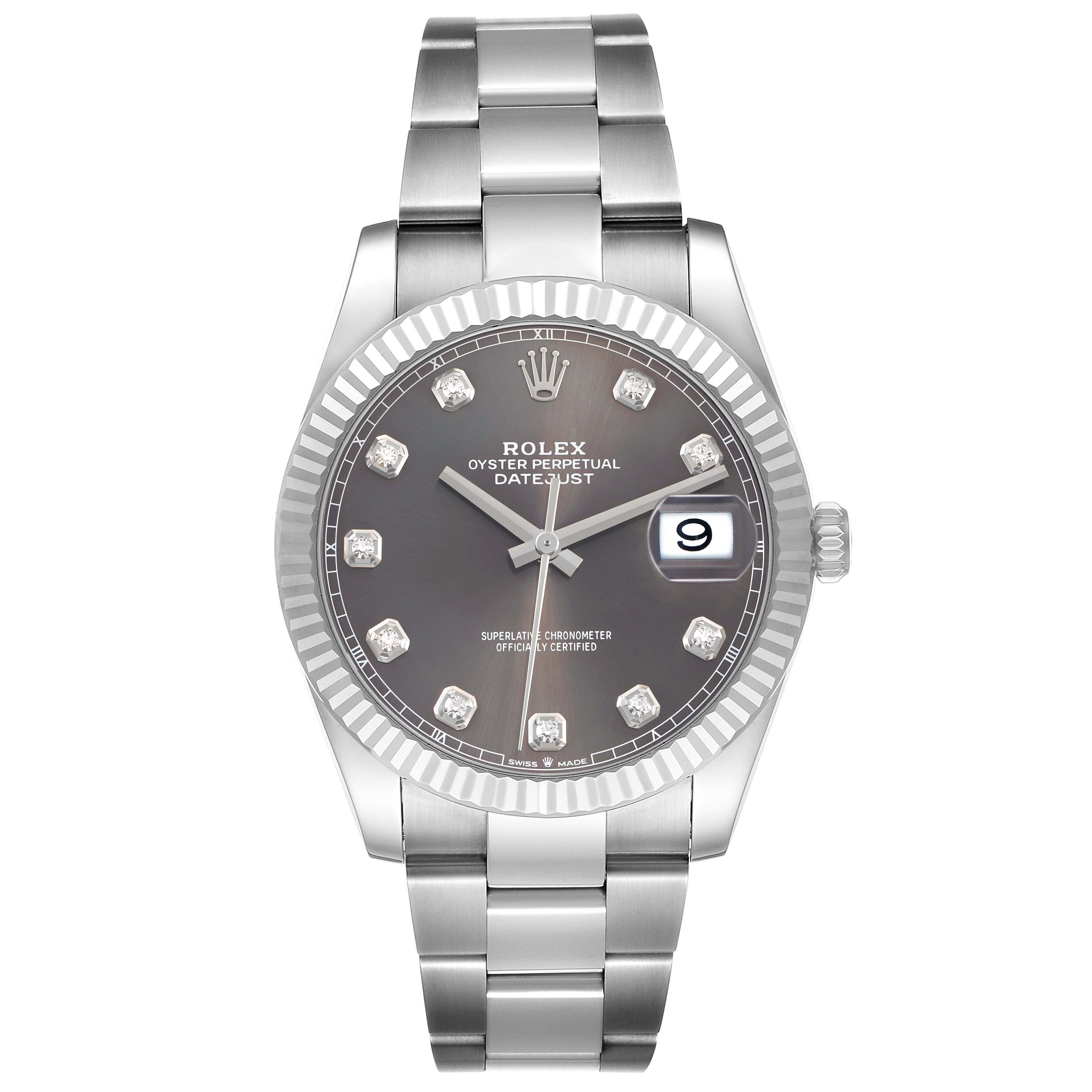 The image shows a Rolex Datejust 41 126334 Men's Stainless Steel Grey Dial from the front, displaying the dial, bezel, and stainless steel bracelet.