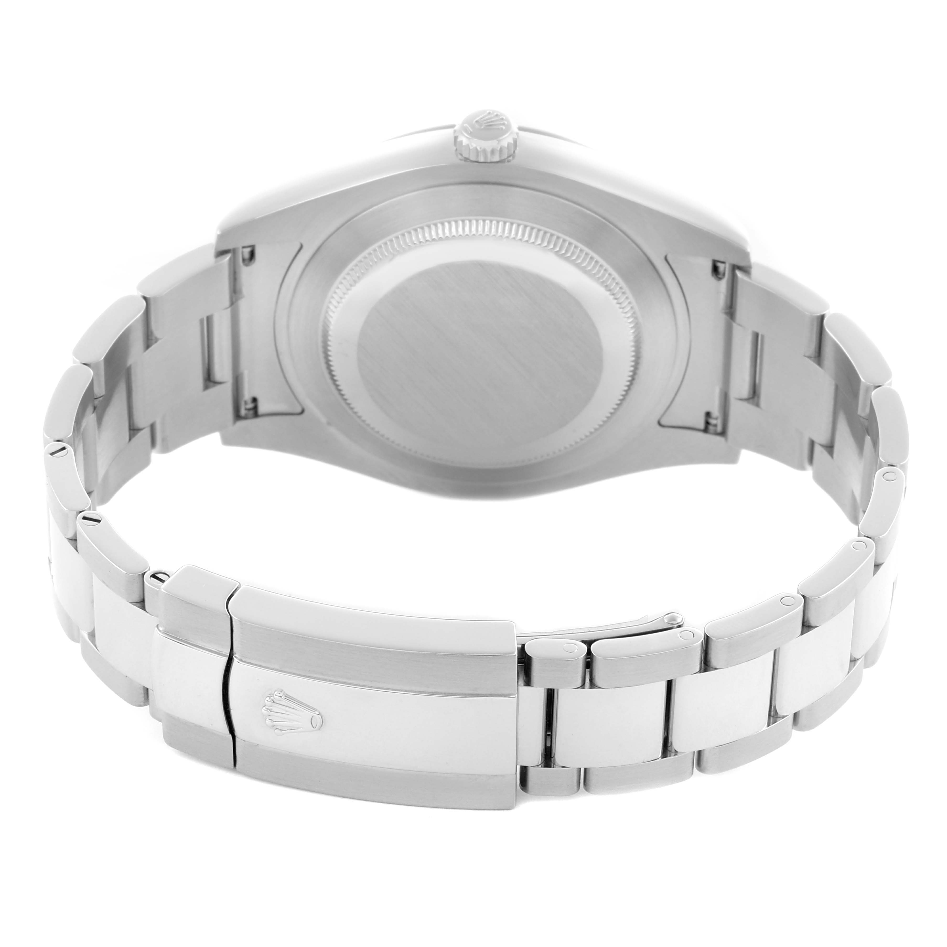 This image shows the back of the Rolex Datejust 41 116334 Men's Stainless Steel White Dial 116334 Men's Stainless Steel White Dial watch, highlighting the case back, bracelet, and clasp.