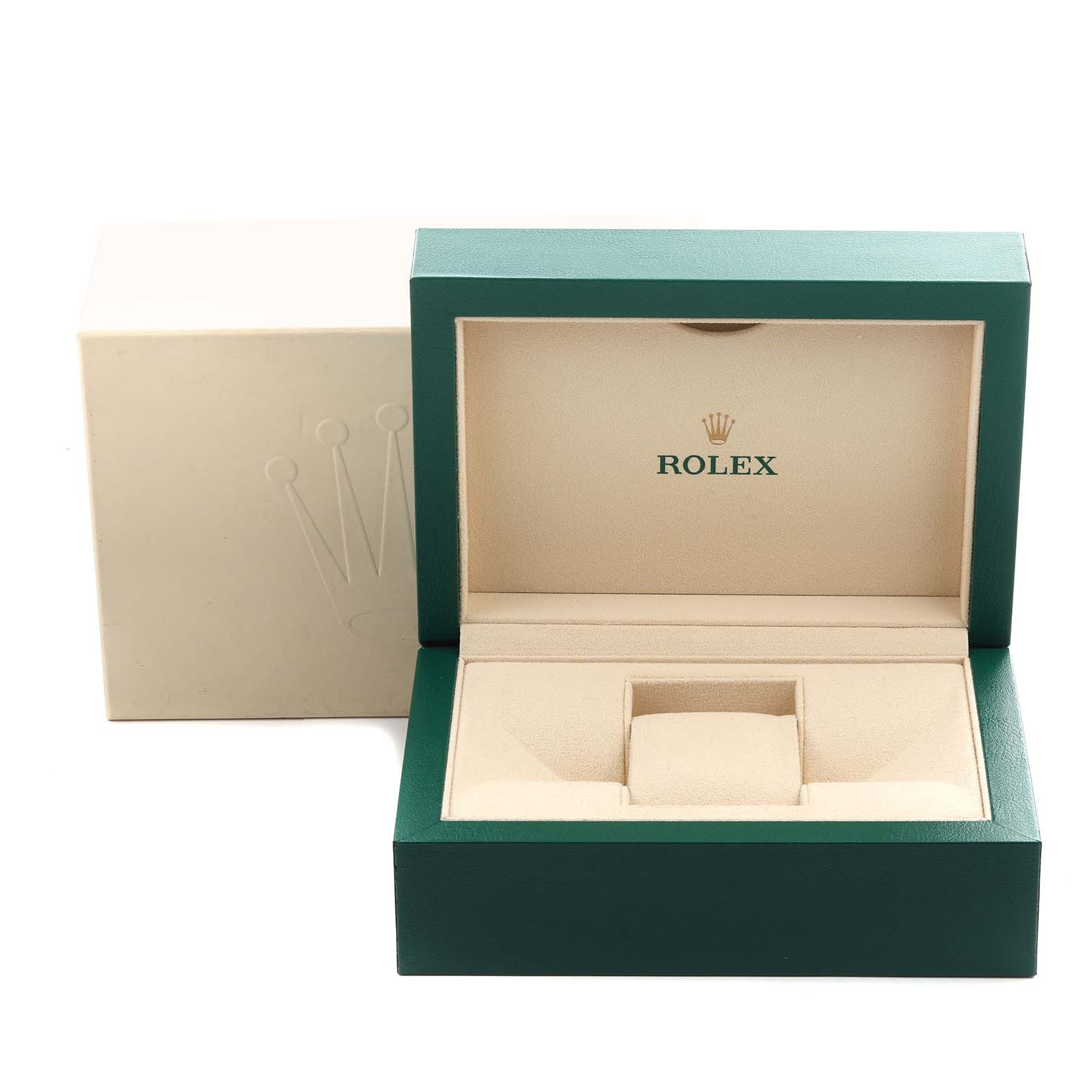 The image shows an open Rolex Datejust 41 116334 Men's Stainless Steel White Dial 116334 Men's Stainless Steel White Dial box with inner cushioning and logo, viewed from the front.