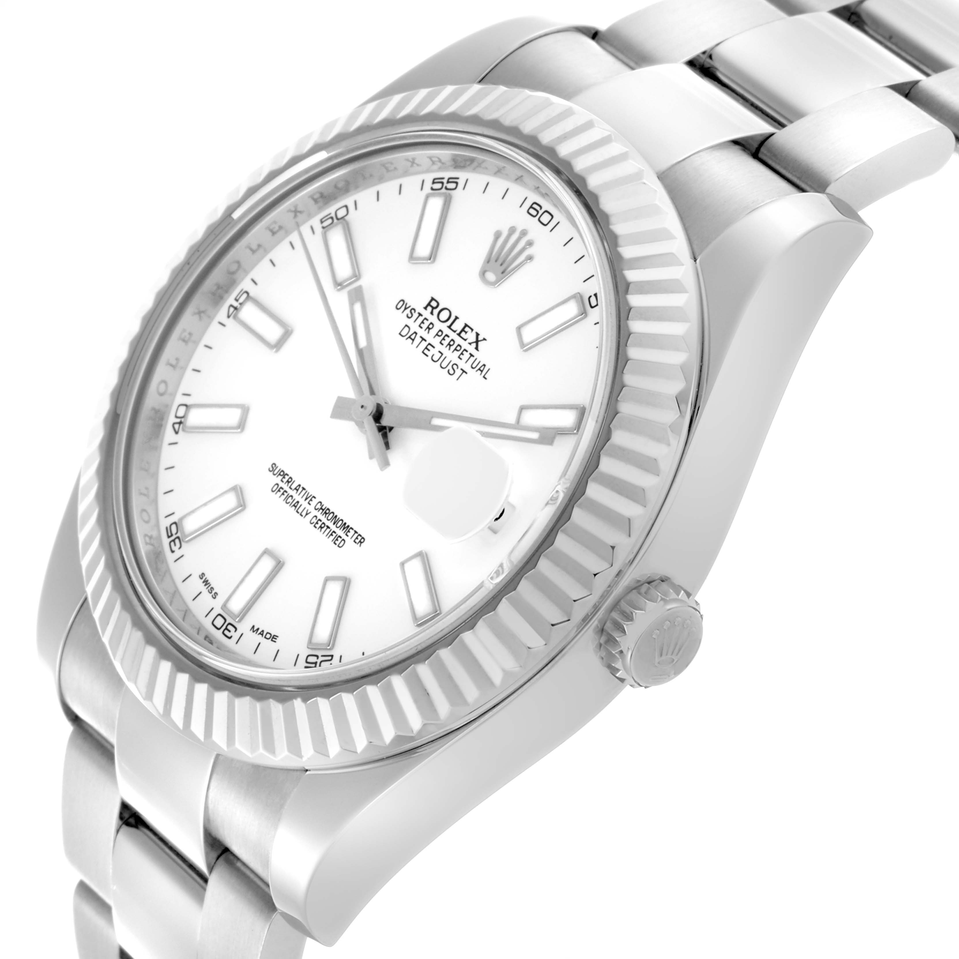 The Rolex Datejust 41 116334 Men's Stainless Steel White Dial 116334 Men's Stainless Steel White Dial is shown from a three-quarter angle, highlighting the dial, bezel, crown, and part of the bracelet.