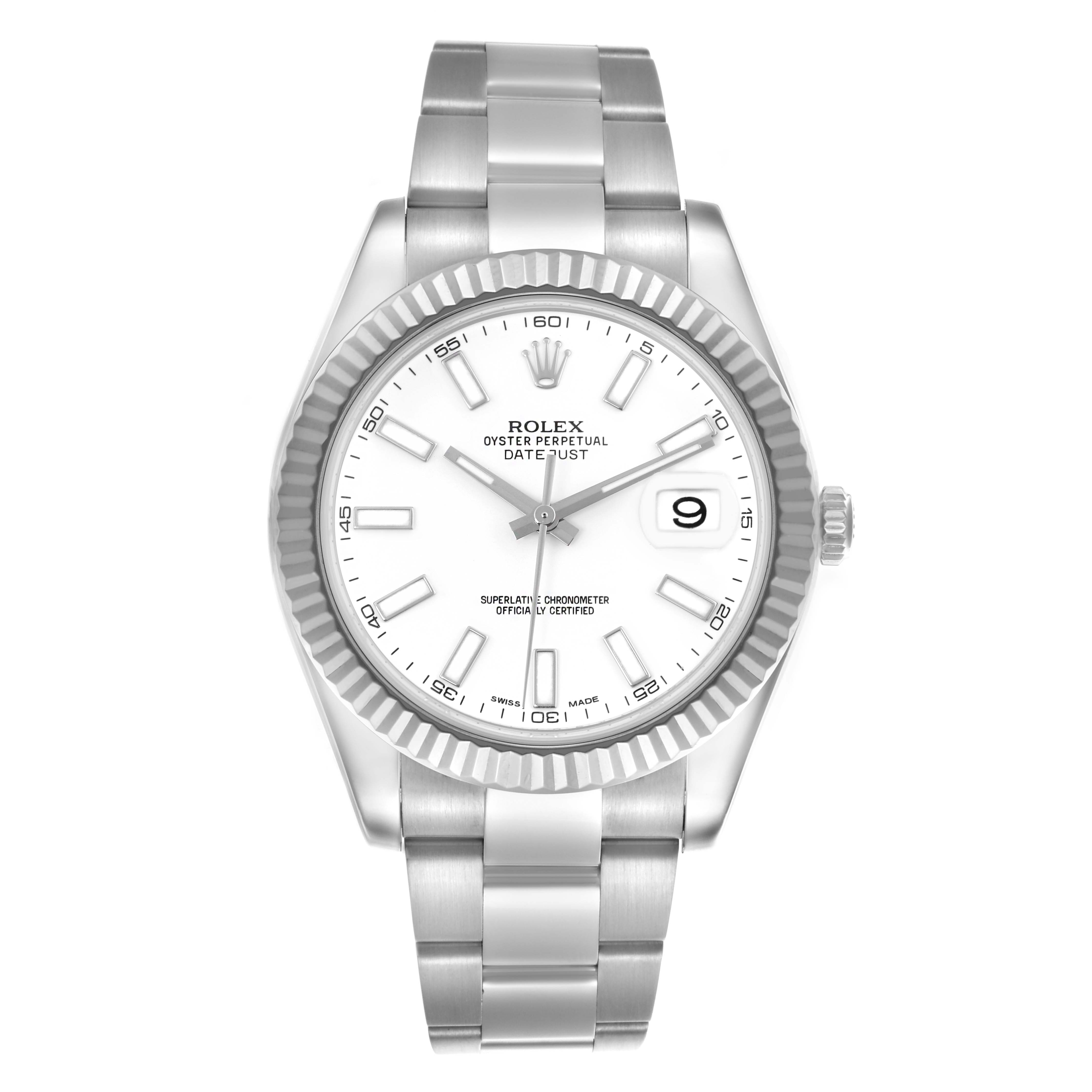 The Rolex Datejust 41 116334 Men's Stainless Steel White Dial 116334 Men's Stainless Steel White Dial is shown from a front angle, displaying the dial, bezel, and bracelet.