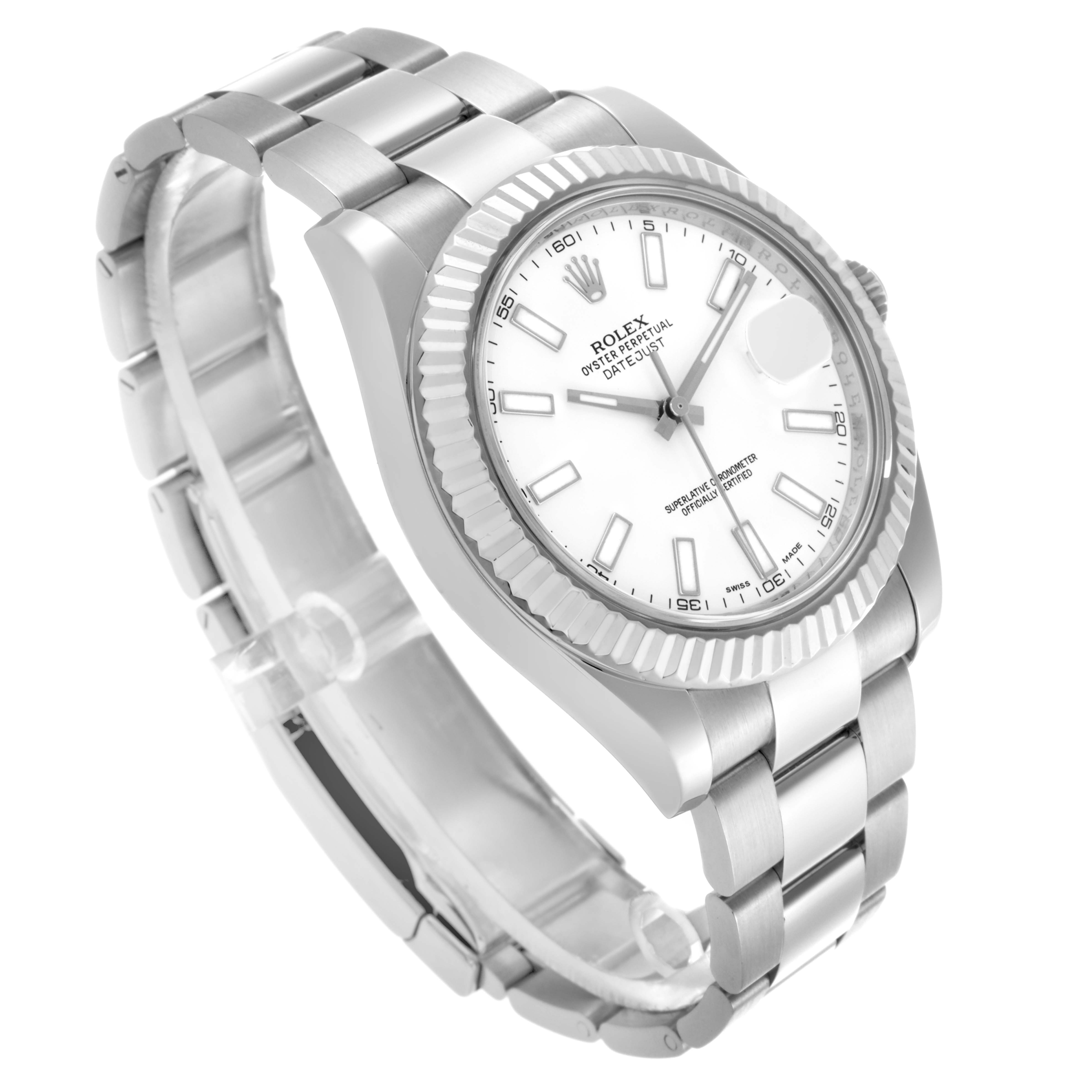 The Rolex Datejust 41 116334 Men's Stainless Steel White Dial 116334 Men's Stainless Steel White Dial is shown from an angled side view, displaying the watch face, case, bezel, and bracelet.