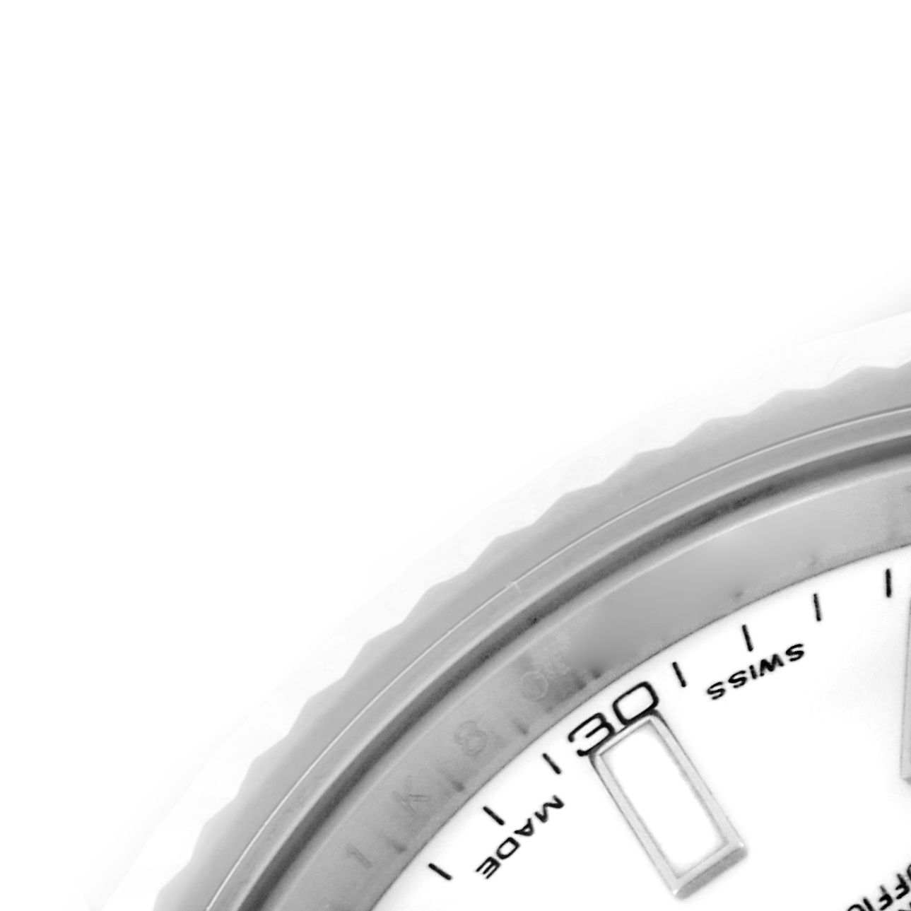 The image shows a close-up of the bezel and partial dial of a Rolex Datejust 41 116334 Men's Stainless Steel White Dial 116334 Men's Stainless Steel White Dial with the date window at 3 o'clock.