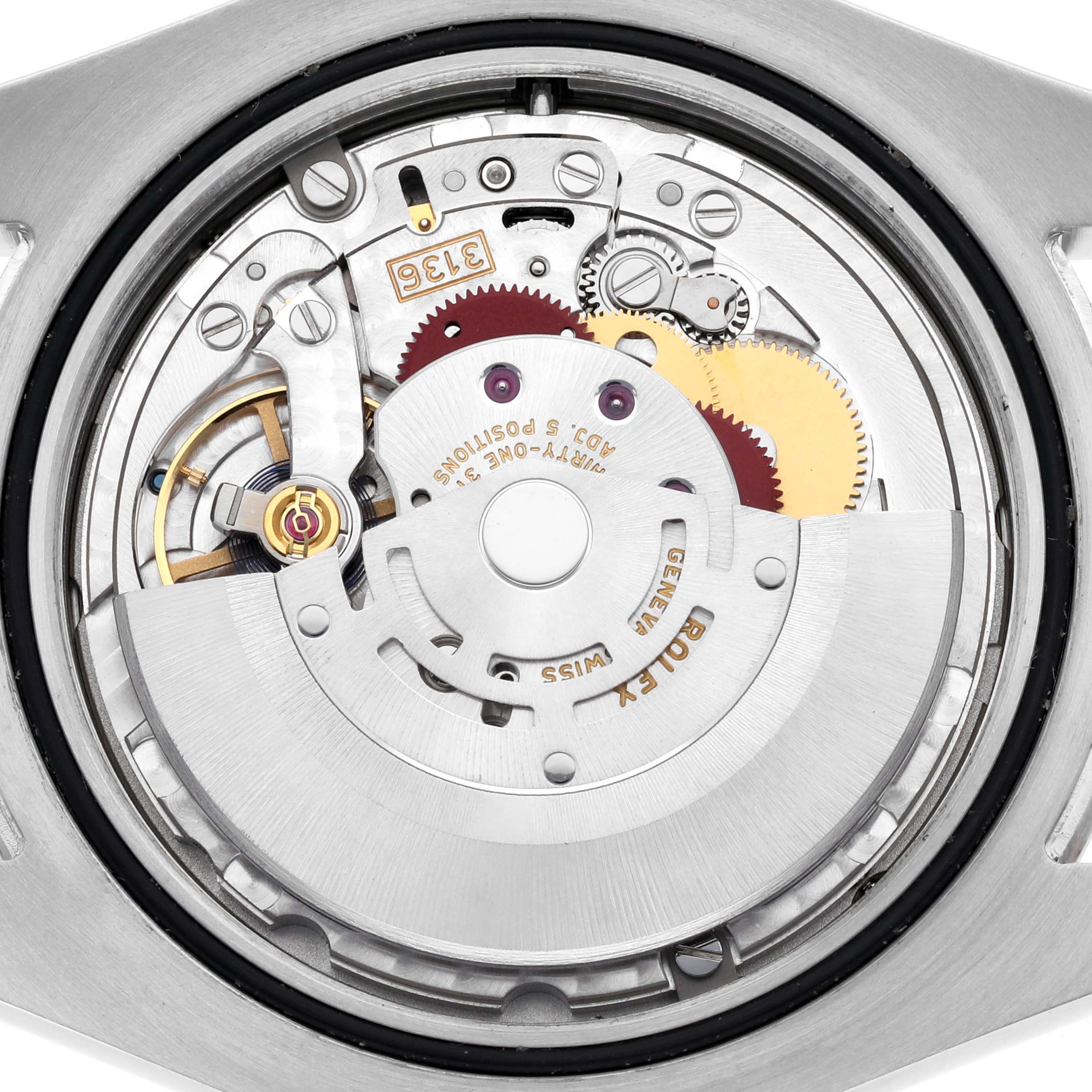 The image shows the inner mechanics of a Rolex Datejust 41 116334 Men's Stainless Steel White Dial 116334 Men's Stainless Steel White Dial watch, highlighting the movement from a top-down angle.